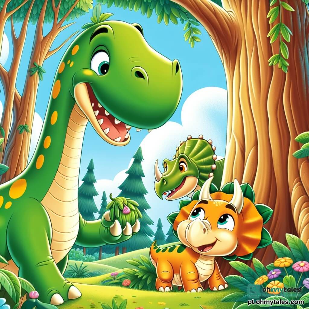 Um diplodoco chamado Dipo, com um longo pescoço verde e manchas amarelas, sorri alegremente enquanto se inclina para comer folhas verdes brilhantes no topo de uma árvore. Ao lado dele, um pequeno tricerátopo chamado Tico, com pele laranja e três chifres na testa, observa Dipo com olhos brilhantes de excitação. Eles estão em uma floresta exuberante, cheia de árvores gigantes com troncos marrons e flores coloridas que dançam com o vento. A cena mostra Dipo e Tico descobrindo um Tiranossauro Rex amigável, Rexo, que está atrás deles, com uma grande cabeça e um sorriso suave, pronto para se juntar à sua aventura.