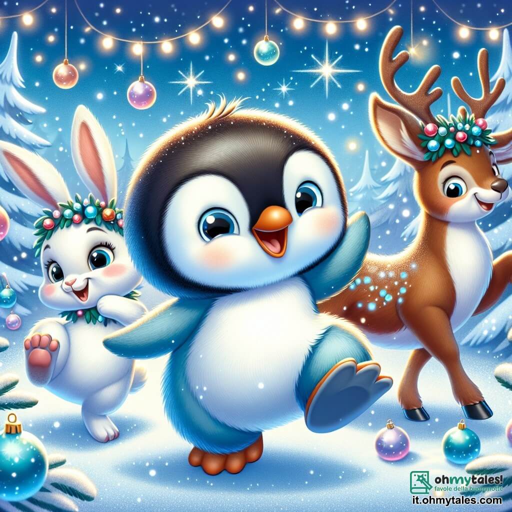 Un piccolo pinguino di nome Pingo, con un piumaggio blu chiaro e una pancia bianca, sorride felice mentre gioca nella neve scintillante. I suoi grandi occhi rotondi brillano di eccitazione mentre danza con i suoi amici. Accanto a lui, un adorabile coniglio di nome Bino, con un pelo bianco e orecchie lunghe e morbide, salta con entusiasmo, il suo viso radioso di felicità. Un po' più lontano, una renna di nome Lila, con un pelo marrone e corna decorate con ghirlande luminose, li osserva sorridendo, i suoi occhi brillanti di gioia. La scena si svolge in una foresta incantata, dove gli alberi sono coperti di neve brillante e decorati con palline colorate e luci scintillanti. Pingo, Bino e Lila danzano insieme nella neve, ridendo e cantando canzoni di Natale, creando un'atmosfera magica e festosa piena di gioia e amicizia.