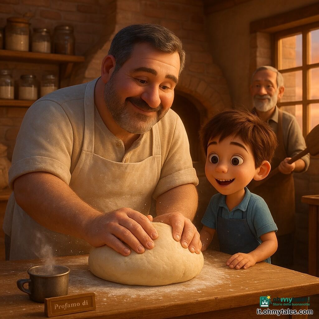 Un panettiere di circa 40 anni, robusto, capelli sale e pepe, viso sorridente e occhi dolci, con un grembiule di lino bianco infarinato, impasta lentamente una grande palla di pasta con concentrazione affettuosa; un bambino di 7 anni, Nino, capelli castani scompigliati e sorriso meravigliato, con un piccolo grembiule blu sta in punta di piedi accanto al banco, mani leggermente infarinate; sullo sfondo un vicino e proprietario del forno di circa 65 anni, barba grigia corta, tiene la pala di legno vicino al forno aperto e osserva orgoglioso; l’interno della panetteria è caldo e luminoso: muri di mattoni chiari, grande tavolo di legno consumato, sacchi di farina con scritte a mano, scaffali in legno con vasetti di vetro etichettati, un grande forno in ghisa con bagliore arancione e finestre su un cielo serale color albicocca; la scena principale mostra la pasta che lievita, farina che fluttua nell’aria e una piccola pentola sul fuoco che sprigiona vapore profumato; un'etichetta di vetro sul bancone recita Profumo di casa; stile visivo: colori caldi, texture tangibili, espressioni esplicite e gesti dolci, illuminazione crepuscolare accogliente.