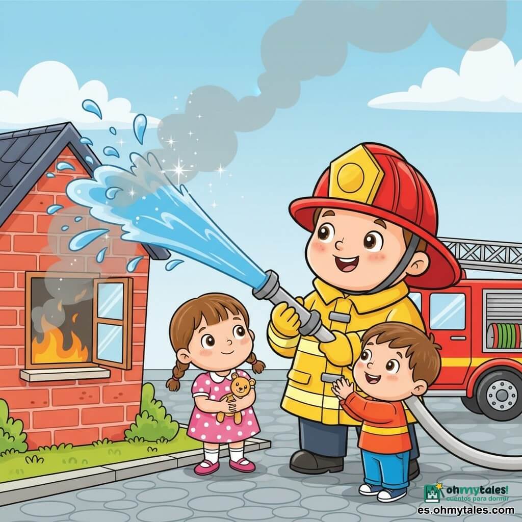 Un bombero sonriente y valiente, piel clara, ojos marrones, casco rojo y chaqueta amarilla con bandas reflectantes, sostiene una manguera que lanza un chorro azul; a su derecha, un niño de 5 años con cabello corto castaño y ropa colorida aplaude maravillado; a la izquierda, algo más atrás, una niña de 4 años con dos coletas y vestido rosa con lunares sostiene un peluche y mira el fuego apagado; al fondo, una pequeña casa de ladrillo rojo con ventana abierta y techo gris, cielo azul con algunas nubes, y delante un camión de bomberos rojo estacionado en una calle empedrada; escena alegre y tranquilizadora, colores vivos y contornos suaves, agua formando gotas y salpicaduras y humo gris disipándose.