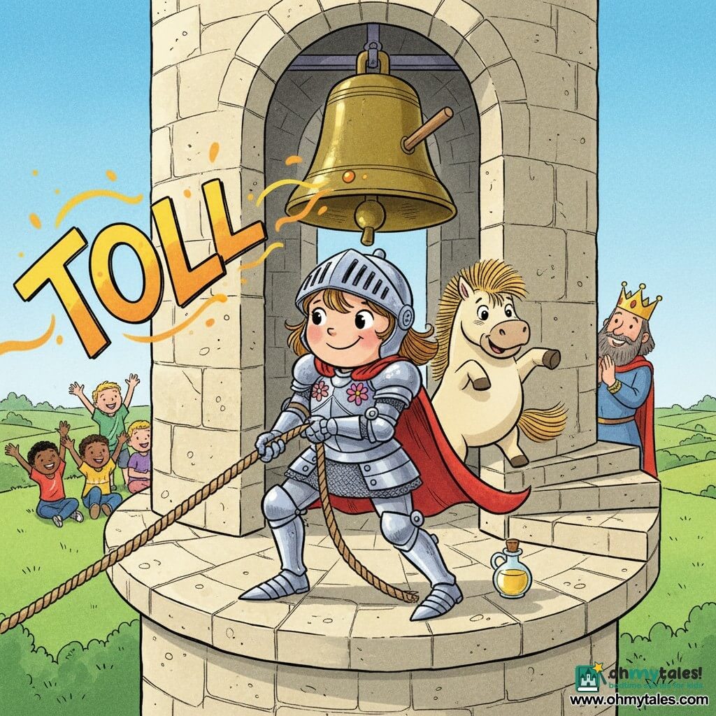 A smiling, determined young female knight with a shiny silver helmet and red flowing cape pulls a thick sisal rope attached to a large bronze bell; she has big round eyes, rosy cheeks, light armor decorated with flowers, and pulls calmly with effort; a small chubby pony named Clip-Clop with a bristly mane stands just behind, playful and lifting a hoof; the king, about 50, in a blue tunic and simple crown, applauds joyfully at background right while several children (boys and girls, 4–6) sit on green grass at background left with raised hands and smiles; scene on the top of a tall light-stone bell tower with spiral steps, worn flagstone floor and large openings showing green fields and blue sky; the rope operates a large bronze clapper, a small wedge is slipped beside it and a vial of oil sits on a step, the knight has just pulled—cape and pony mane show movement and stylized visual onomatopoeia TOLL emanates from the bell; style: colored ink, soft lines, bright contrasting colors and simple textures suitable for toddlers.