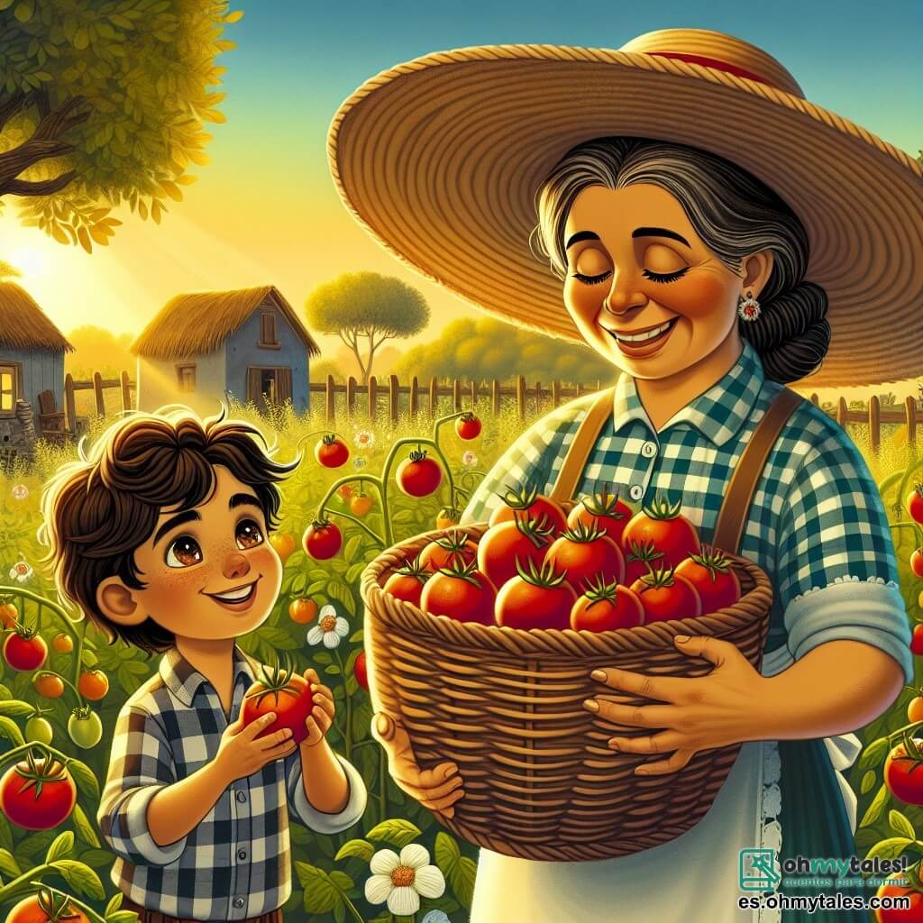 Doña Clara, una mujer de mediana edad con cabello castaño recogido, lleva un amplio sombrero de paja y una camisa de cuadros colorida. Sonríe alegremente, con las manos llenas de tomates rojos brillantes que acaba de cosechar en su jardín. A su lado, Miguel, un niño curioso de unos 8 años, con ojos brillantes y cabello despeinado, observa maravillado los tomates, listo para ponerlos en una gran canasta de mimbre. La escena transcurre en un campo verde, bañado por la luz dorada del sol, donde se pueden ver filas de plantas de tomates exuberantes y flores coloridas que bailan suavemente al viento. Al fondo, se asoma el pequeño gallinero y el viejo roble que da sombra a la granja. La situación principal muestra a Doña Clara y Miguel cosechando tomates juntos, compartiendo risas e historias, simbolizando la alegría del trabajo en la granja y la belleza de la naturaleza.