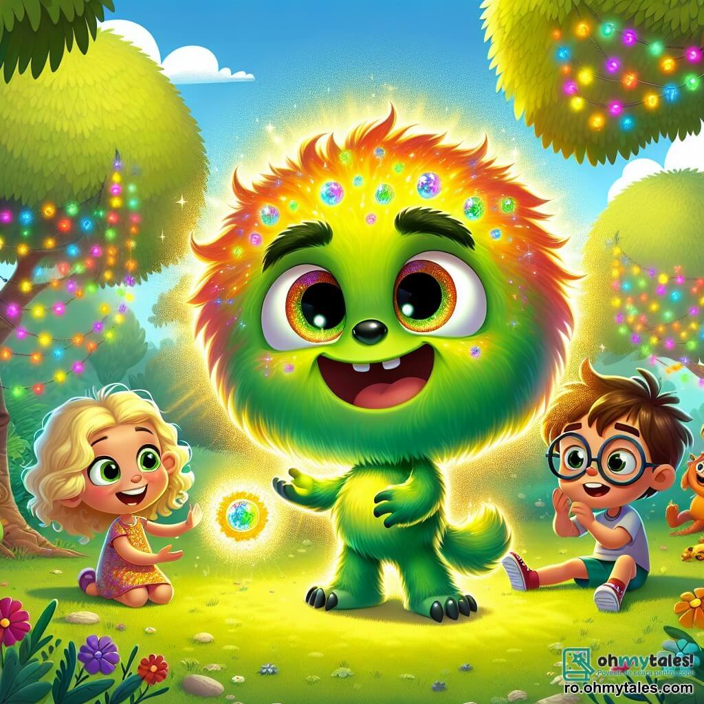 În centrul imaginii, Moșnuț, un mic monstru cu blană verde strălucitoare, ochi mari și strălucitori și un zâmbet larg, se joacă fericit cu o piatră magică strălucitoare în mâini. Expresia lui este plină de curiozitate și entuziasm, privindu-i pe cei din jur cu un aer prietenos. La dreapta lui, o fetiță de aproximativ 7 ani, cu părul blond și creț, îmbrăcată într-o rochie colorată, se apropie de el cu un zâmbet fascinant, întinzând mâna spre Moșnuț pentru a atinge piatra magică. La stânga, un băiat de 8 ani, cu ochelari și păr brun zbârlit, observă scena cu ochii mari, ținând un mic jucărie din lemn. Este așezat pe iarbă, înconjurat de flori colorate, părând fascinat de magia emanată de Moșnuț. Decorul se află într-un parc însorit, cu copaci majestuoși cu frunze verzi vibrante, flori multicolore care dansează în vânt și un cer albastru deschis presărat cu câteva nori albi pufoși. Situația principală arată cum Moșnuț, monstrul, împarte piatra sa magică cu copiii, creând o atmosferă de bucurie și uimire, în timp ce magia începe să transforme parcoul într-un loc fermecat, plin de culori strălucitoare și zâmbete.