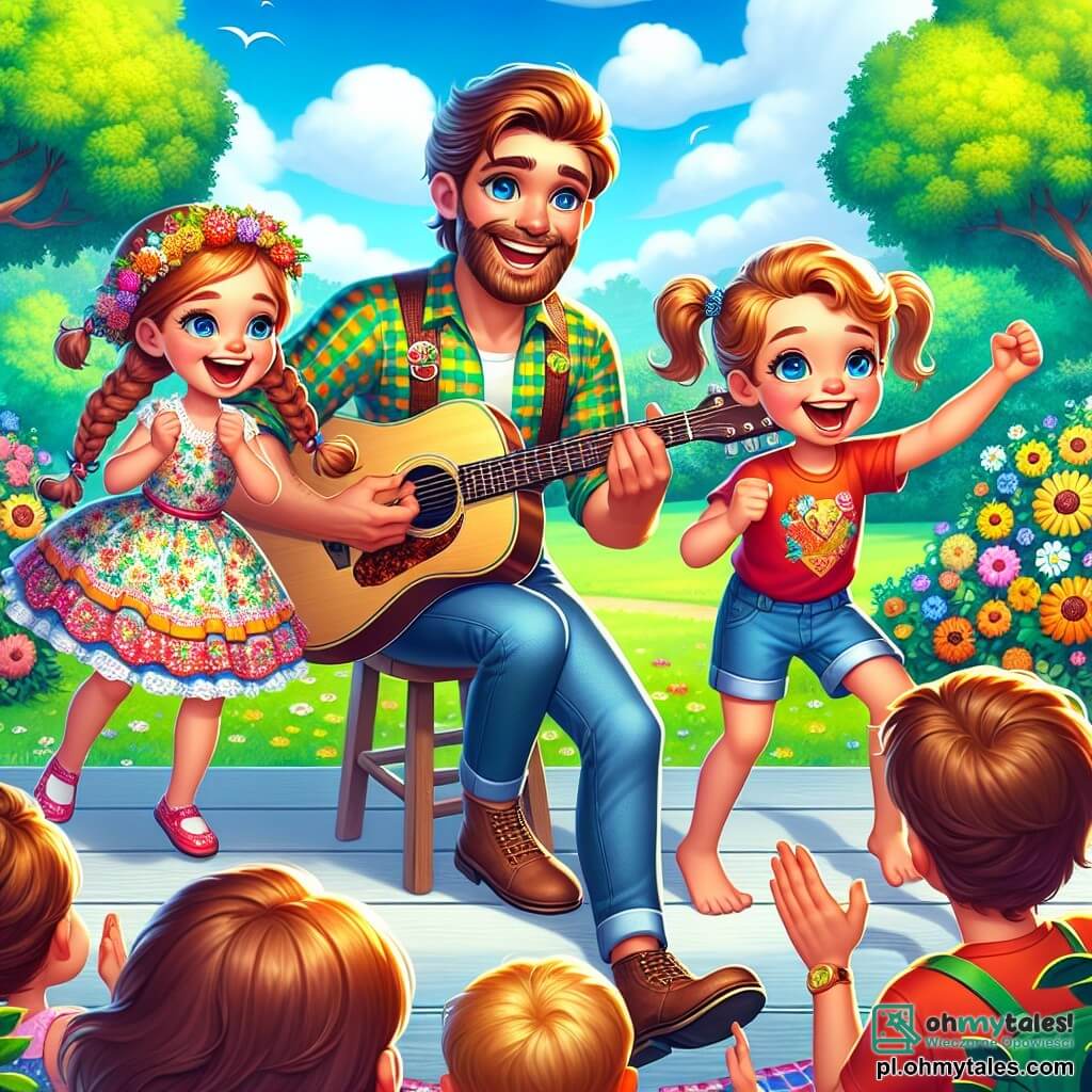 Wesoły mężczyzna, Pan Janek, z brązowymi włosami i zadbaną brodą, gra na gitarze na drewnianej scenie, jego twarz promienieje szczęściem i entuzjazmem. Ma na sobie kolorową koszulę w kratę i dżinsy. Obok niego 7-letnia dziewczynka, Ania, w kwiecistej sukience i warkoczach, śpiewa z szerokim uśmiechem, a jej oczy błyszczą radością. 8-letni chłopiec, Tomek, w czerwonym t-shircie i szortach, bije brawo w rytm muzyki, skacząc w miejscu. Scena rozgrywa się w zielonym parku, otoczonym drzewami z intensywnie zielonymi liśćmi i kolorowymi kwiatami, pod jasnoniebieskim niebem. Rodziny i dzieci siedzą na kocach, uważnie słuchając, tworząc radosną i ciepłą atmosferę. Główna sytuacja pokazuje Pana Janka i dzieci grających razem nową melodię, wypełniając powietrze radosną i porywającą muzyką, podczas gdy widzowie klaskają i uśmiechają się, oczarowani magią ich występu.