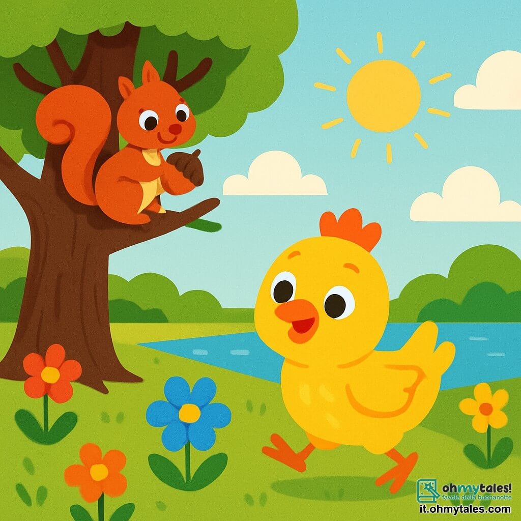 Una piccola gallina di nome Pina, con piume dorate brillanti e occhi scintillanti di curiosità, salta allegramente su un tappeto di erba verde, con un ampio sorriso sul volto. Vicino a lei, uno scoiattolo di nome Tito, con una coda folta e occhi maliziosi, è appollaiato su un ramo di un grande albero, tenendo una noce tra le zampe. Lo scenario è un campo soleggiato, punteggiato di fiori colorati, con un grande albero maestoso sullo sfondo e un lago scintillante sotto il sole. Pina cerca con entusiasmo un magnifico fiore blu, circondata dai suoi amici, pronta per vivere una grande avventura.