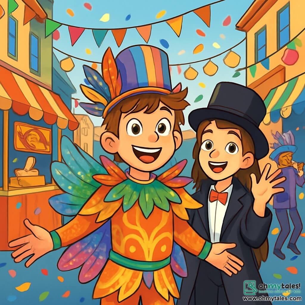 A 12-year-old boy, Finn, stands center stage with a beaming smile on his face. He wears a flamboyant carnival creature costume, featuring shiny cellophane wings and a colorful feathered hat. His messy brown hair and excited eyes add to his joyful appearance. Next to him is his best friend, Zara, also 12, dressed in a magician's coat and a slightly tilted black hat. She raises a hand for a theatrical gesture, her face glowing with happiness. The setting is a lively Maple Street, adorned with colorful garlands and twinkling lanterns. Brightly colored food stalls line the road, and confetti floats in the air, creating a festive atmosphere. The main scene shows Finn and Zara at the heart of a carnival, surrounded by vibrant costumes and cheerful musicians, ready to join the parade, with laughter and music filling the air as characters dance and enjoy themselves around them.