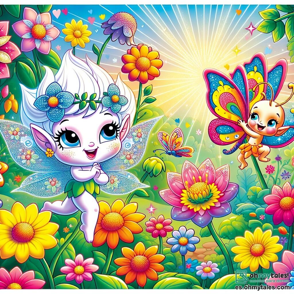 Lumi, un pequeño duende de flores con una piel brillante como el rocío de la mañana y ojos chispeantes de alegría, baila alegremente en medio de un jardín colorido, rodeada de flores deslumbrantes de todos los colores. A su lado, Lila, una mariposa de alas azules brillantes, vuela graciosamente a su alrededor, mostrando una sonrisa radiante, mientras se prepara para posarse en una flor. Donito, un escarabajo de colores vivos, observa con entusiasmo, sus patitas moviéndose, listo para unirse a la danza. El jardín es un lugar mágico, lleno de flores brillantes, mariposas revoloteando y rayos de sol filtrándose a través de las hojas de los árboles, creando una atmósfera alegre y luminosa. La escena principal muestra a Lumi y sus amigos celebrando la llegada de la primavera, bailando y riendo juntos, rodeados de la belleza de la naturaleza que despierta.