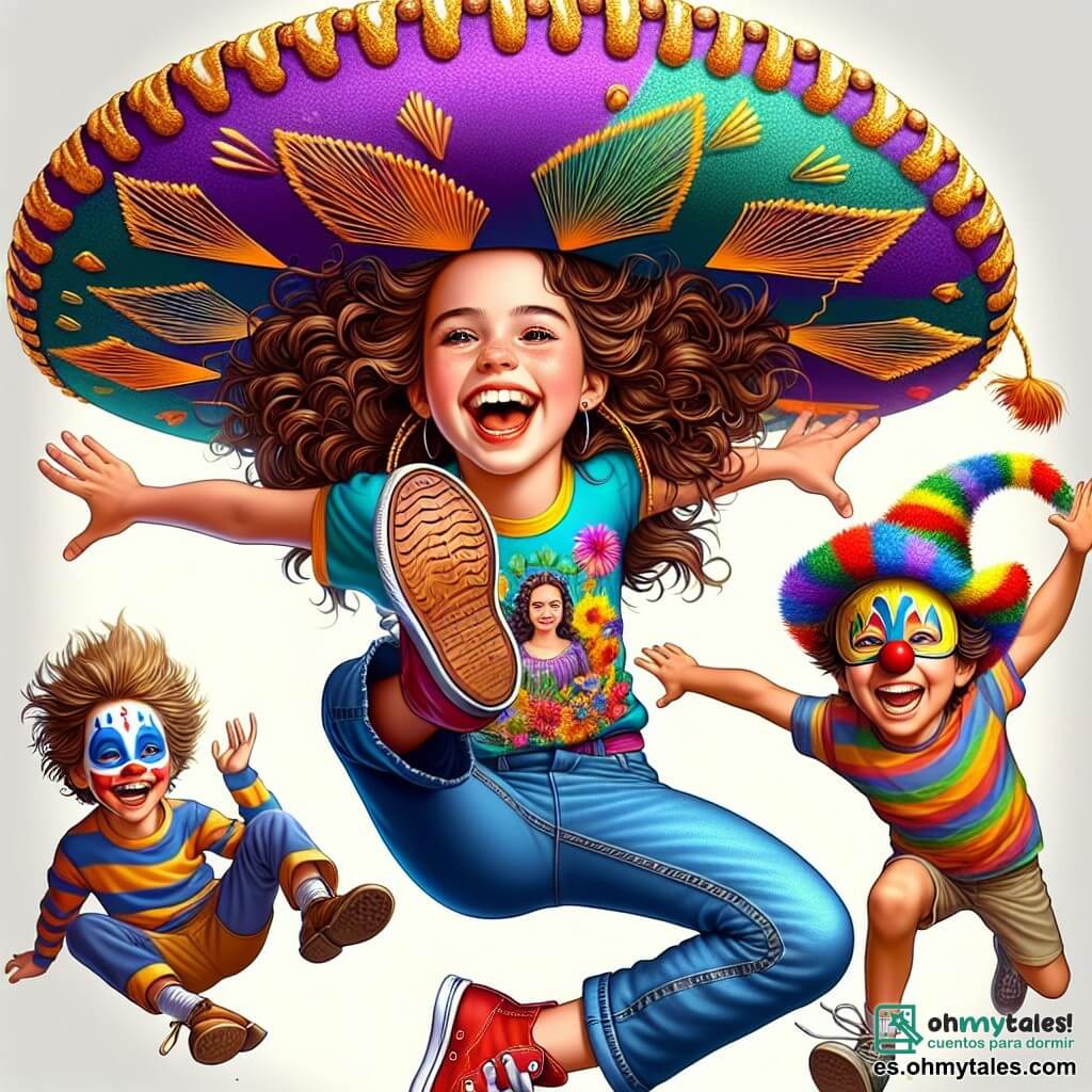 En el centro de la imagen, Clara, una niña de 10 años, salta alegremente con una gran sonrisa. Tiene el cabello castaño rizado, una camiseta colorida y un enorme sombrero de vaquero decorado con plumas multicolores que le cubre los ojos. Sus pies llevan un zapato rojo y otro azul, y parece llena de energía y determinación. A su derecha, un niño de 9 años, Lucas, con cabello rubio desordenado y una camiseta a rayas, ríe mientras intenta levantarse después de caer. Lleva un sombrero de payaso que se desliza sobre su frente, añadiendo humor a la escena. A la izquierda, una niña de 10 años, Sofía, con trenzas negras y una brillante sonrisa, aplaude a Clara mientras sostiene una pequeña bandera colorida, animando a su amiga. El fondo es una plaza de pueblo animada, llena de coloridos puestos de mercado, globos flotantes y espectadores riendo y aplaudiendo. La situación principal muestra a Clara y sus amigos participando en la Gran Carrera de Pies Revueltos, donde intentan correr con zapatos de diferentes tamaños mientras llevan sombreros ridículos. La imagen captura la energía y la alegría del momento, ilustrando el divertido desafío y el espíritu de equipo entre los niños.