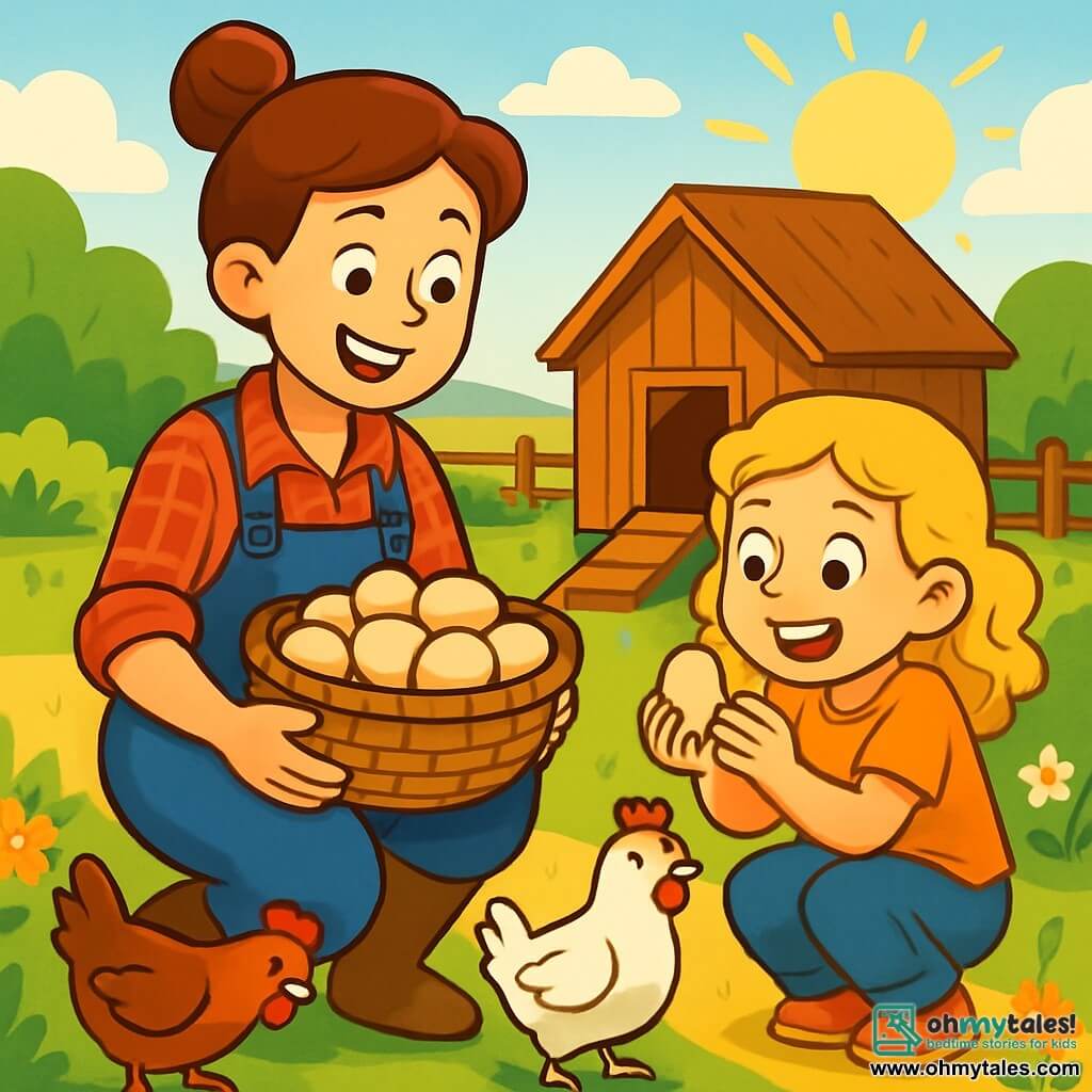 A smiling and lively farmer woman, Farmer Lily, with brown hair tied in a bun, wears a red plaid shirt and denim pants. She is crouched in a green field, holding a basket filled with fresh eggs, her face glowing with pride and joy. Next to her is an 8-year-old girl, Emma, with curly blonde hair and sparkling eyes, watching in wonder at the eggs she has just collected, a big smile on her face. The setting is a charming farm field, with chickens pecking at the ground, a rustic wooden chicken coop in the background, and colorful flowers lining the path. The golden morning light illuminates the scene, creating a warm and welcoming atmosphere. The main situation shows Farmer Lily and Emma collecting eggs in the chicken coop, sharing a moment of connection and discovery, surrounded by the beauty of nature and the cheerful sounds of the farm.