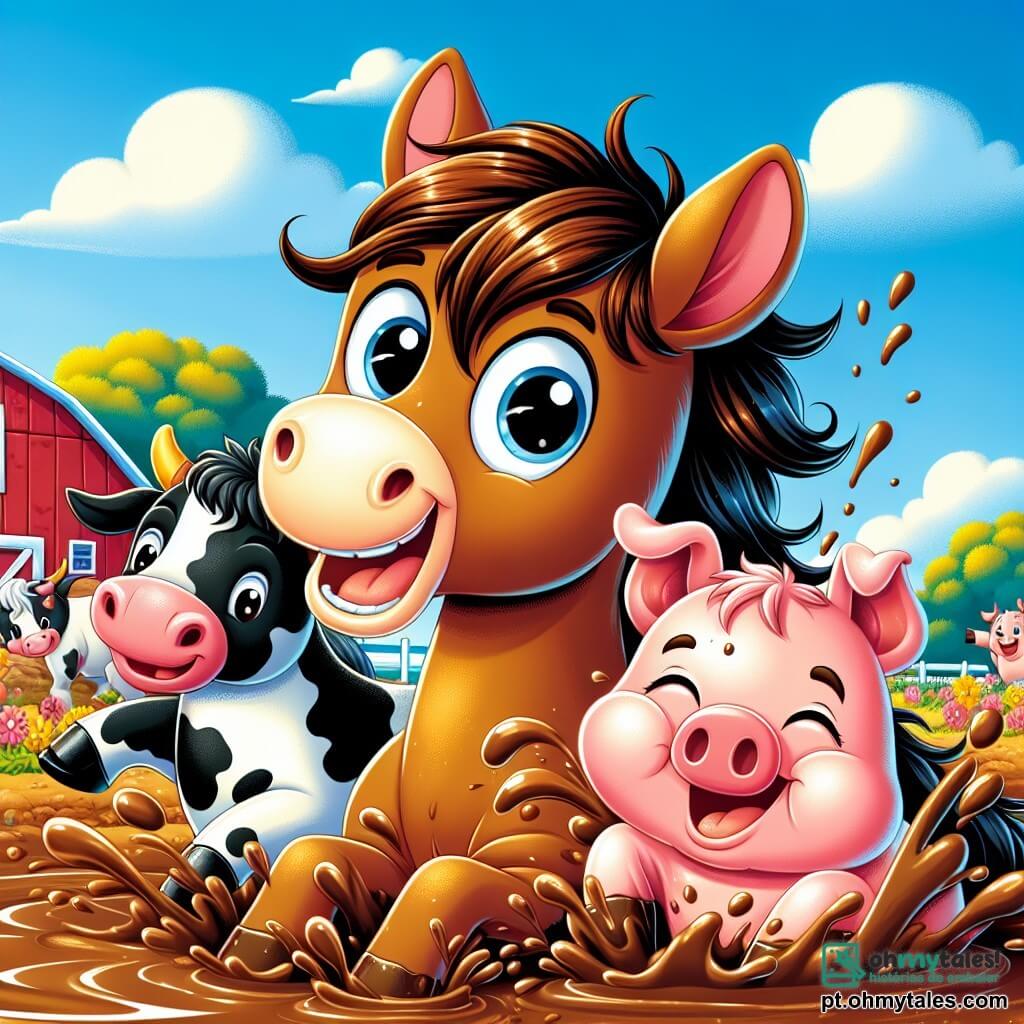 Um cavalo chamado Léo, com pelagem marrom brilhante e crina ondulada, está no centro da cena, rindo enquanto desliza na lama. Seus olhos brilham de alegria. Ao lado dele, a vaca Malu, com manchas brancas e pretas, observa Léo rindo, uma gota de leite escorrendo de seu focinho. Um pouco mais adiante, o porquinho Tico, rosa e gordinho, se diverte pulando na lama, espirrando lama ao seu redor com um grande sorriso no rosto. O cenário é uma fazenda colorida, com um celeiro vermelho ao fundo, flores vibrantes e árvores verdes sob um céu azul ensolarado. A cena mostra Léo e seus amigos em uma festa, rindo e dançando na lama, criando uma atmosfera alegre e divertida.