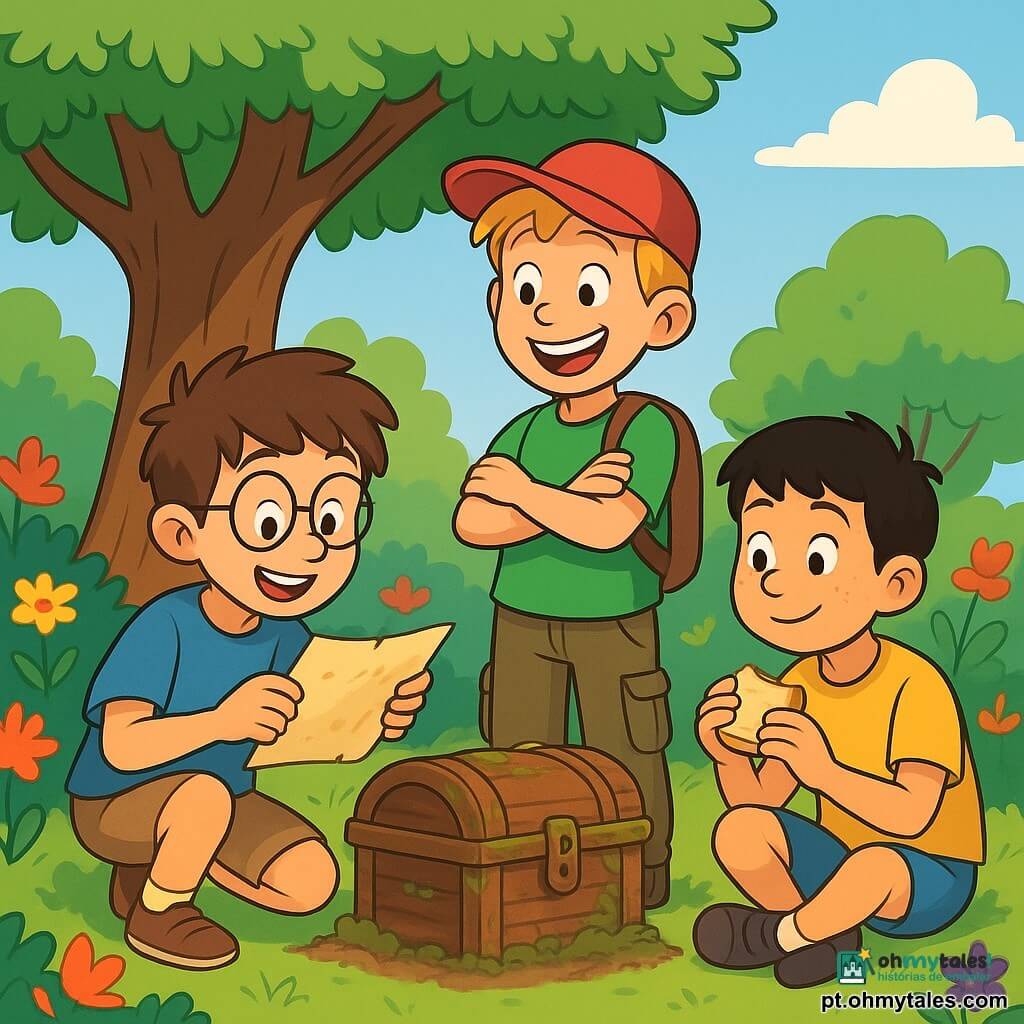 Há 3 personagens: Pedro, um menino de 9 anos com cabelos castanhos bagunçados e óculos redondos, agachado segurando um pedaço de papel velho com olhar maravilhado; Lucas, um menino de 10 anos com cabelos loiros e boné vermelho, de pé com os braços cruzados e um grande sorriso, pronto para a aventura, vestindo uma camiseta verde e calças cargo; e Rafael, um menino de 9 anos com cabelos negros e sardas no rosto, sentado na grama comendo um sanduíche enquanto observa curiosamente um velho baú, usando uma camiseta amarela e um short azul. A cena se passa em um jardim ensolarado, cheio de flores coloridas e árvores verdes, com uma antiga mangueira majestosa no centro, escondendo um pequeno pedaço de terra onde está um baú de madeira coberto de musgo e terra. Os três amigos descobrem o baú misterioso, com os rostos iluminados pela excitação; Pedro segura o papel velho, Lucas aponta para o baú e Rafael, com um sanduíche na mão, olha ao redor, pronto para a aventura que os aguarda.