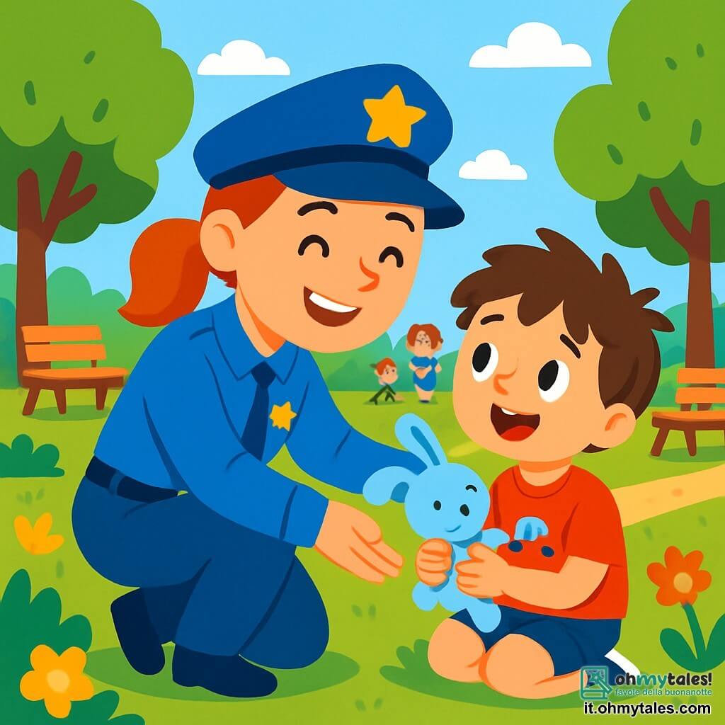 Una poliziotta sorridente, di sesso femminile, con un'uniforme blu brillante e un cappello decorato con una stella dorata, è accovacciata in un parco verdeggiante. Il suo viso irradia benevolenza ed empatia mentre aiuta un giovane ragazzo di circa 6 anni, con capelli castani disordinati e una maglietta rossa con un piccolo disegno di auto. Il ragazzo è seduto sull'erba, con gli occhi brillanti di speranza, tenendo un piccolo peluche a forma di coniglio tra le braccia. Il parco è pieno di alberi frondosi, fiori colorati e un sentiero di ghiaia che si snoda tra le panchine. Alcuni bambini giocano in lontananza, ridendo e divertendosi sotto un cielo azzurro punteggiato di nuvole bianche. La poliziotta e il ragazzo stanno celebrando il ritrovamento del peluche perduto, con sorrisi luminosi sui loro volti, circondati da un'atmosfera gioiosa e calorosa.