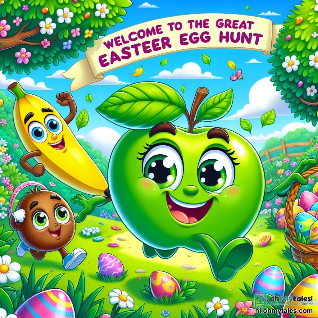 In het midden van de afbeelding springt Appie, een kleine ronde groene appel met een grote glimlach, van blijdschap, met sprankelende ogen van opwinding. Zijn glanzende bladeren dansen in de wind en hij houdt een mand vol kleurrijke chocolade vast. Rechts van hem zoekt Bobbie, een glimlachende gele banaan, naar een ei dat verstopt is onder een struik, met een nieuwsgierige uitdrukking op zijn gezicht. Links kijkt Kiki, een bruine en zachte kiwi, speels om zich heen, klaar om een verstopt ei te ontdekken. De achtergrond is een mooie voorjaars tuin, vol kleurrijke bloemen, groene bomen en een stralende blauwe lucht. Multicolore paaseieren liggen verspreid in het gras en een grote banner "Welkom bij de Grote Paaseierenjacht!" wappert erboven. De scène is vol leven en geluk, en vangt de opwinding van de eierenjacht.