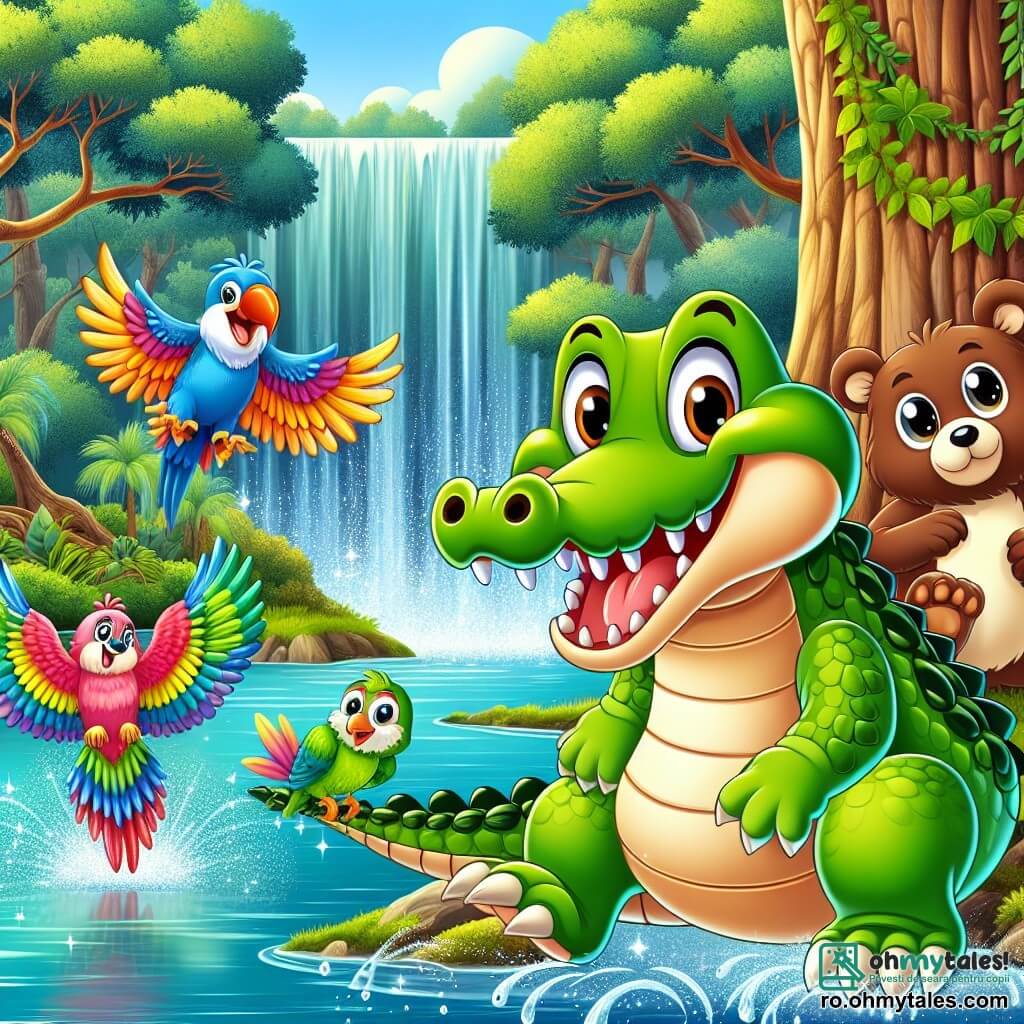 Un crocodil pe nume Croco, cu o piele verde strălucitoare și ochi mari și rotunzi, își exprimă o curiozitate veselă în timp ce stă pe marginea unei ape strălucitoare. Are un zâmbet larg care îi arată dinții albi și strălucitori, iar coada îi este ușor curbată în spate, pregătită să sară în apă. Lângă el, Rina, o papagal colorat cu pene vii ca un curcubeu, zboară în cercuri, cu aripile desfăcute, făcând zgomote de entuziasm. Mai departe, Bubu, un urs brun cu blană moale și zburlită, se odihnește la umbra unui copac mare, observând scena cu un aer prietenos și un zâmbet ușor. Decorul este o pădure luxuriantă, cu copaci majestuoși și frunze verzi strălucitoare, în timp ce o cascadă strălucitoare se varsă într-un lac azuriu, creând stropi strălucitori sub soare. Situația principală arată cum Croco și prietenii săi descoperă drumul spre cascadă, atrași de un cânt melodios care răsună prin pădure, pregătiți să trăiască o nouă aventură împreună.