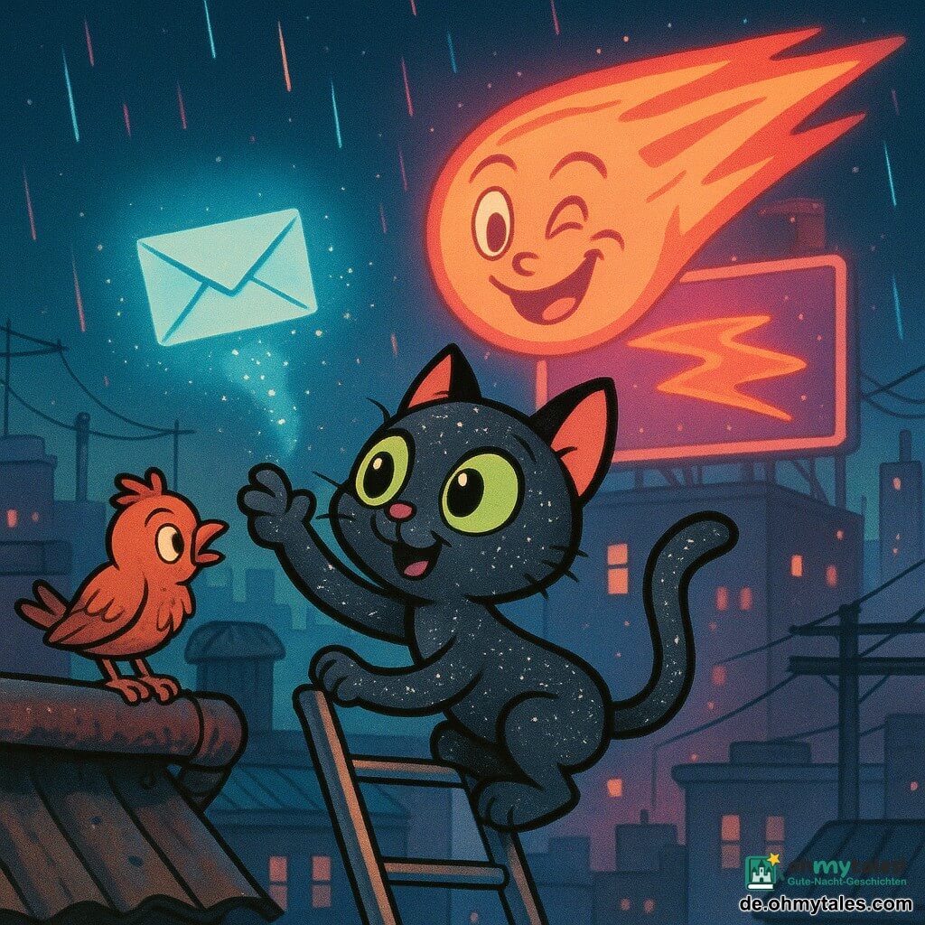Hauptfigur: eine kleine Straßenkatze mit dunkelgrauem Fell und silbrigem Mondstaub-Glitzern, großen grünen Augen, neugierig und aufgeregt, die auf einer Metallfeuerleiter emporsteigt und mit einer Pfote nach einem schwebenden, leuchtend blauen Buchstaben greift, der eine funkelnde blaue Spur hinterlässt; Nebenfigur: eine riesige neonwerbung in Form eines lächelnden, zwinkernden Kometen in Rosa und Orange im Hintergrund; optional: ein kleiner rostbrauner Taube mit struppigen Federn auf der Dachrinne, besorgt aber fasziniert; Schauplatz: nächtliches Stadt-Dach mit Blechdächern, rostigen Rohren, Metallpfosten, Kabeln und leuchtenden Werbetafeln, feine neonlichte wie Regentropfen fallend, kontrastreiche Beleuchtung aus kalten blauen und warmen rosa Neons, dynamische Komposition mit der Katze im Vordergrund und der hellen Stadt im Hintergrund.