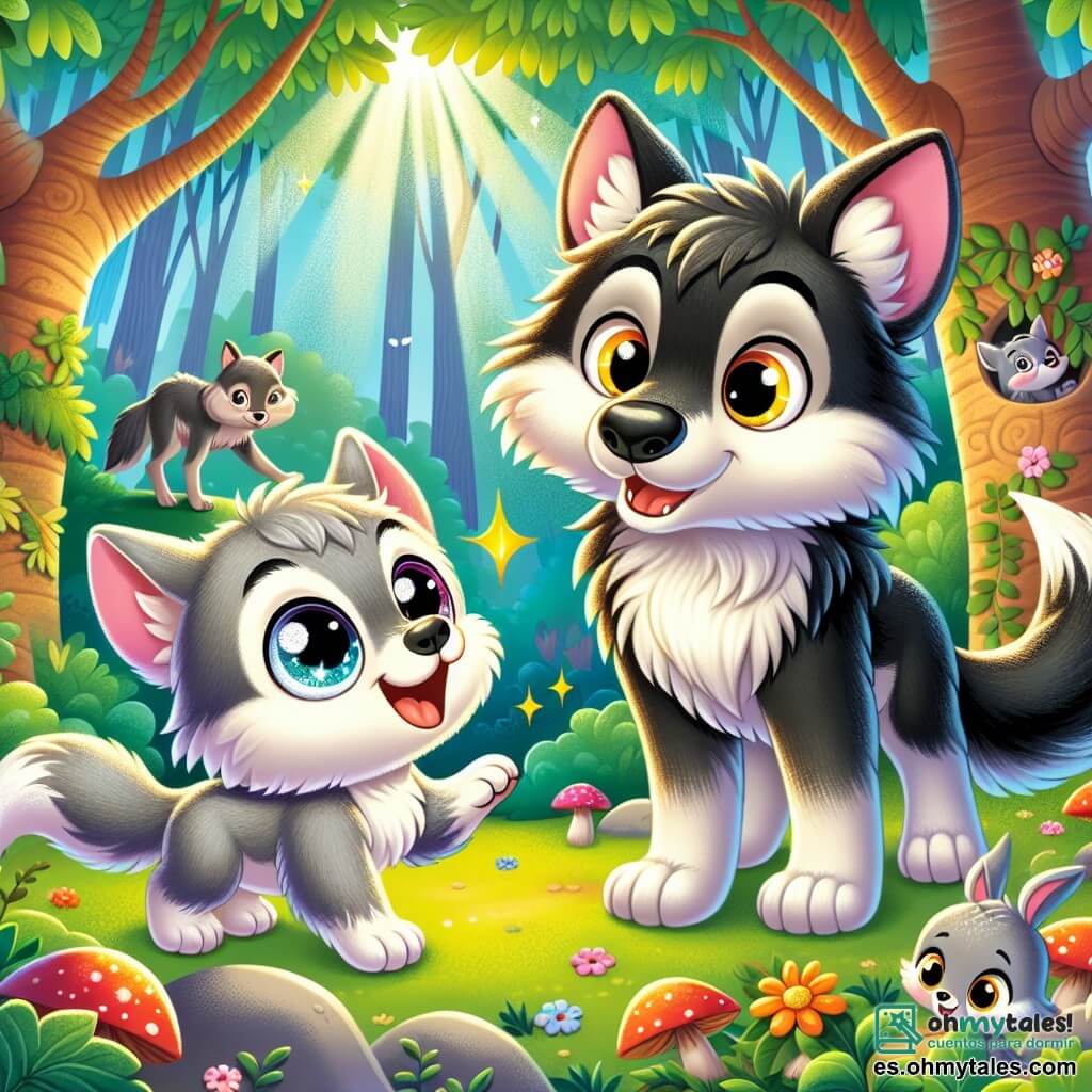 Ilustración que representa a un pequeño lobo con ojos brillantes y pelaje suave y gris, mostrando gran curiosidad y un toque de valentía. Está de pie sobre sus patas traseras, con una sonrisa alegre, listo para enfrentarse a un gran lobo. Al lado, un gran lobo con pelaje negro y ojos dorados, con una expresión de sorpresa y una leve sonrisa, se inclina hacia el pequeño lobo, mostrando una actitud amistosa. Al fondo, un bosque mágico con árboles majestuosos de hojas verdes brillantes, rayos de sol filtrándose entre las ramas, iluminando el suelo cubierto de flores coloridas y hongos. La situación principal muestra al pequeño lobo animando al gran lobo a jugar, simbolizando la amistad naciente entre ellos. Elementos gráficos adicionales incluyen animales curiosos como conejos y pájaros que observan la escena desde los arbustos, añadiendo un toque de vida y magia a la ilustración.
