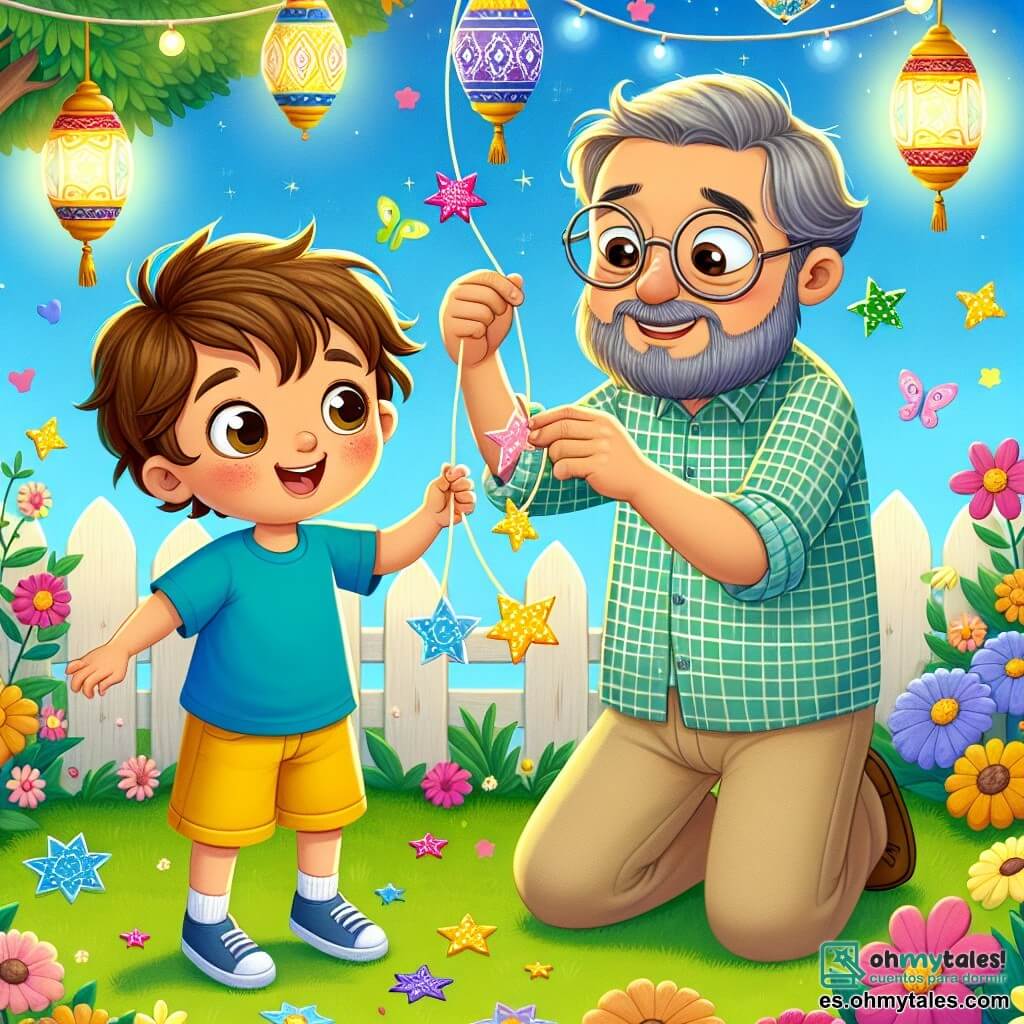 Un niño de 4 años, llamado Pedro, con cabello castaño desordenado y ojos llenos de curiosidad, sonríe alegremente mientras cuelga estrellas de papel de colores en una guirnalda luminosa. Lleva una camiseta azul brillante y un pantalón corto amarillo, y sus pequeñas manos están llenas de pegamento y purpurina. A su lado, el señor Hamza, un hombre de unos 50 años con barba gris y gafas redondas, lo ayuda sosteniendo una estrella de papel. Lleva una camisa a cuadros y pantalones beiges, y sonríe cálidamente a Pedro, mostrando su aprobación. La escena se desarrolla en un jardín luminoso, lleno de flores coloridas y farolillos colgantes, bajo un cielo azul claro. El suelo está cubierto de hierba verde y suave, y mariposas vuelan a su alrededor. La situación principal muestra a Pedro y al señor Hamza decorando el jardín para el Ramadán, rodeados de risas y alegría, creando una atmósfera festiva y cálida.