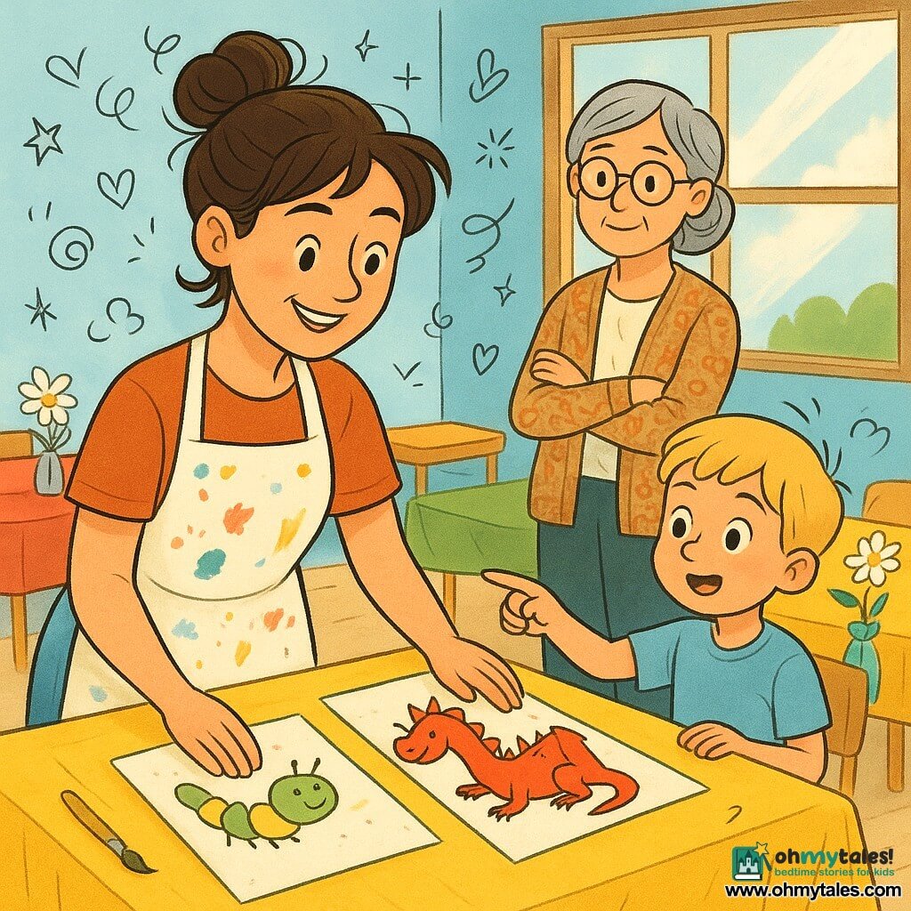 A smiling, proud young woman with brown hair in a bun and paint-splattered white apron carefully arranges her drawings on a bright yellow tablecloth in a sunlit, sky-blue school hall; behind her near a window, the kindly teacher Mrs. Whiskers (about 50) in round glasses and a patterned cardigan watches with folded arms, while a wide-eyed blond boy of about six points at a large red dragon illustration to her right; rows of light wood tables draped in red, green or yellow cloths hold small glass vases of white daisies and colorful ribbons; the scene is warm and welcoming, rendered in saturated, contrasting colors with soft rounded lines, visible fabric and wood textures, and light doodle overlays (hearts, stars, brushes).