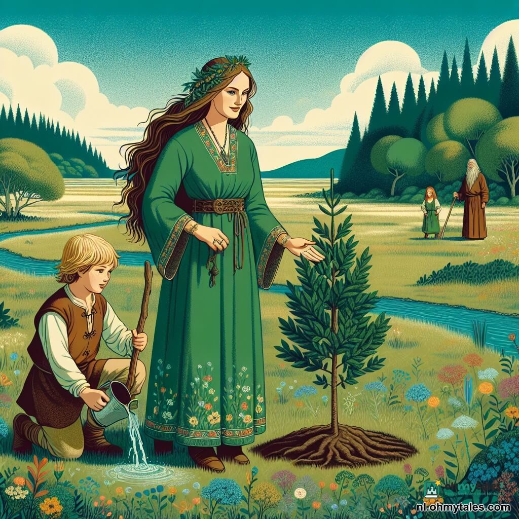 Aelia, een vrouw van rond de dertig, staat in het midden van het toneel, haar lange bruine haar waait zachtjes in de wind. Ze draagt een groene linnen jurk met bloemmotieven, en haar ogen stralen een zachte maar vaste vastberadenheid uit. Ze is gehurkt, met haar handen op een jonge eik die ze net heeft geplant, haar gezicht straalt hoop en sereniteit uit. Naast haar staat een jongen van ongeveer tien jaar met een rommelig blond haar en een ondeugende glimlach. Hij houdt een waterfles vast die hij voorzichtig rond de boom giet, zijn ogen sprankelend van opwinding. Iets verderop observeert een oude man, een druïde met een lange witte baard en een bruine stoffen robe, de scène met een wijze en welwillende blik, terwijl hij een houten staf vasthoudt. De achtergrond is een uitgestrekt groen veld, bezaaid met kleurrijke wilde bloemen, met een heldere blauwe lucht en zachte, donzige wolken. In de verte is er een dicht bos te zien, waar een majestueuze wilg met hangende takken staat, wat een vleugje magie aan de omgeving toevoegt. De hoofdscène toont Aelia en de andere personages verenigd in een moment van vrede, terwijl ze een jonge boom planten als symbool van hoop en vernieuwing, terwijl het gouden licht van de ondergang de scène omhult met een warme en troostende sfeer.