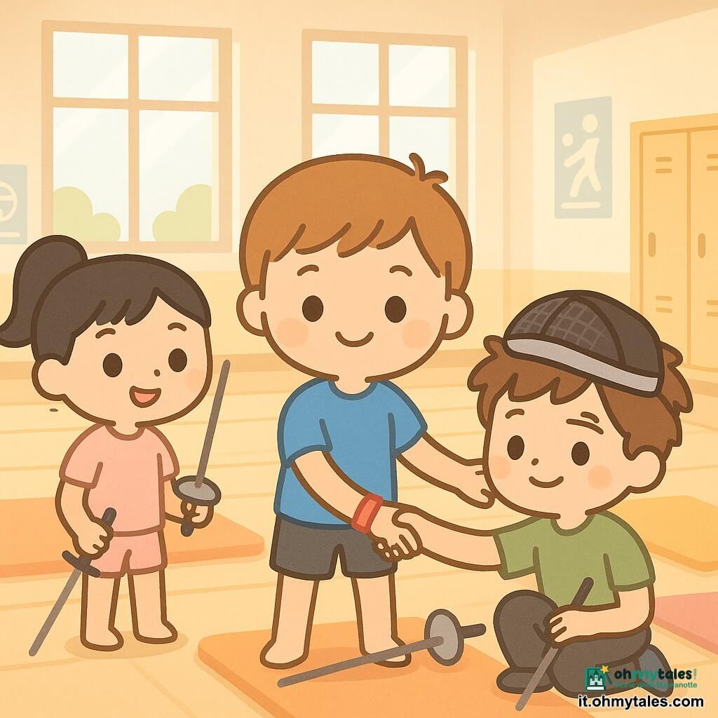 Ci sono tre bambini di 8 anni: Tommaso, capelli castano chiaro corti, occhi sorridenti, maglietta blu, sta al centro leggermente inclinato in avanti tendendo la mano; Martina, capelli neri raccolti in coda, volto espressivo, tenuta sportiva rosa e spada di plastica, è a sinistra di Tommaso che la guarda sorridendo; Luca, capelli castani scompigliati, espressione timida ma rassicurata, maglietta verde e maschera da sport sulla fronte, è seduto o accovacciato a destra di Tommaso mentre accetta la mano tesa. Ambientazione: palestra scolastica luminosa e spaziosa con parquet chiaro, grandi finestre, tappetini colorati, alcuni armadietti e poster di regole sportive, segni a cerchi sul pavimento. Situazione: Tommaso, da capitano, aiuta e incoraggia Luca dopo un esercizio di scherma; la scena mostra un gesto di amicizia, sorrisi e materiale di allenamento visibile, atmosfera calorosa e gioiosa.
