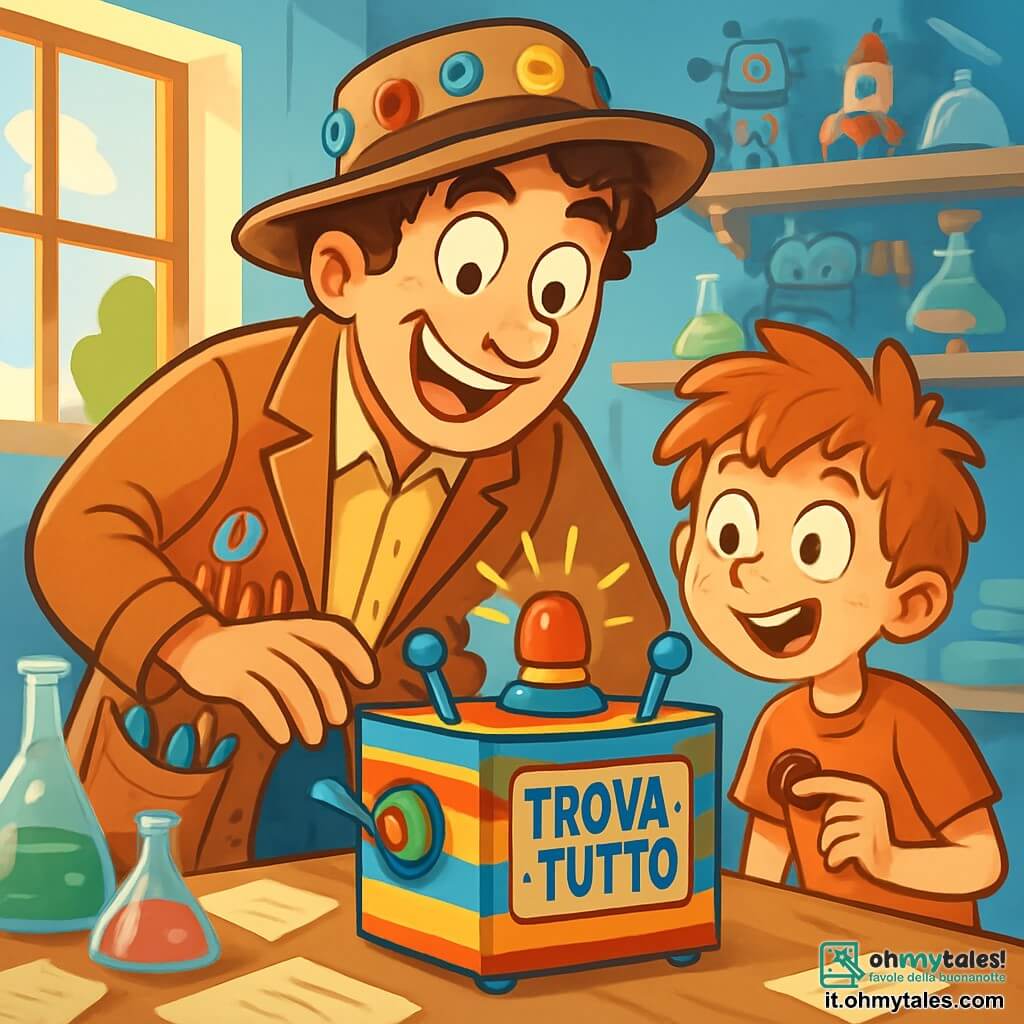 Un uomo, Martino, è al centro dell'immagine, con un grande sorriso entusiasta e occhi scintillanti di curiosità. Indossa un cappello pieno di bottoni colorati e una giacca con grandi tasche, stracolma di piccoli attrezzi. Accanto a lui, un ragazzo di nove anni, Leo, con capelli rossi arruffati e un viso punteggiato di lentiggini, guarda con meraviglia una piccola macchina accanto a loro. Martino è chinato su un prototipo di "Trova-Tutto", una scatola dai colori vivaci con antenne e una luce lampeggiante, mentre Leo tiene in mano un matita, pronto a nasconderla per il test. Il laboratorio è un luogo magico, pieno di gadget strani, fiale colorate e fogli sparsi, con muri dipinti di azzurro chiaro e scaffali carichi di invenzioni bizzarre. La luce del sole filtra attraverso una finestra, illuminando la scena con una dolce luce dorata. Martino e Leo sono impegnati, testando la loro invenzione con entusiasmo, mentre la macchina emette bip gioiosi, cercando la matita nascosta.