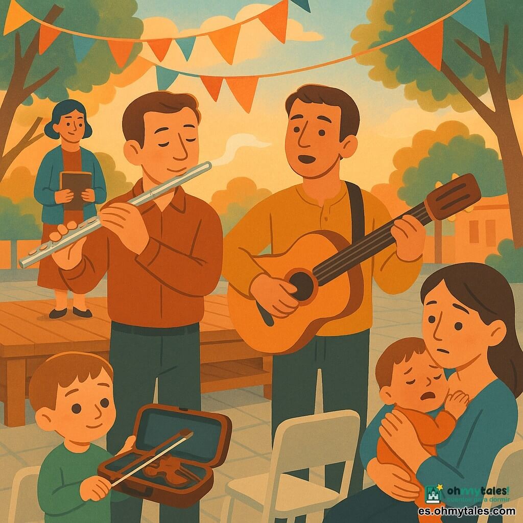 Un hombre adulto, Martín, toca la flauta en el borde de un pequeño escenario de madera, rostro sereno y sonrisa, ojos entrecerrados, postura erguida, manos finas sosteniendo la flauta plateada; a su lado Darío canta con una guitarra marrón colgada, expresión suave y mirada al público; en el fondo a la izquierda la señora Elvira, vestida sencillamente y con un cuaderno en la mano, vigila con una sonrisa; en primer plano a la derecha un niño de unos 6 años sostiene un estuche de violín abierto y sujeta delicadamente un arco de madera; en el centro del público una mujer joven está sentada con un bebé que llora, rostro preocupado pero calmado, mano presionando la cabeza del bebé contra su hombro; lugar: patio de escuela a la hora dorada, suelo empedrado, filas de sillas blancas, guirnaldas y banderines de colores, árboles con sombras bajas y cielo pastel naranja-azul; situación: pequeño festival tranquilo donde la música funciona como nana, los músicos tocan suavemente, el público escucha en silencio, atmósfera apacible con luz cálida que envuelve la escena, detalles nítidos y colores saturados.