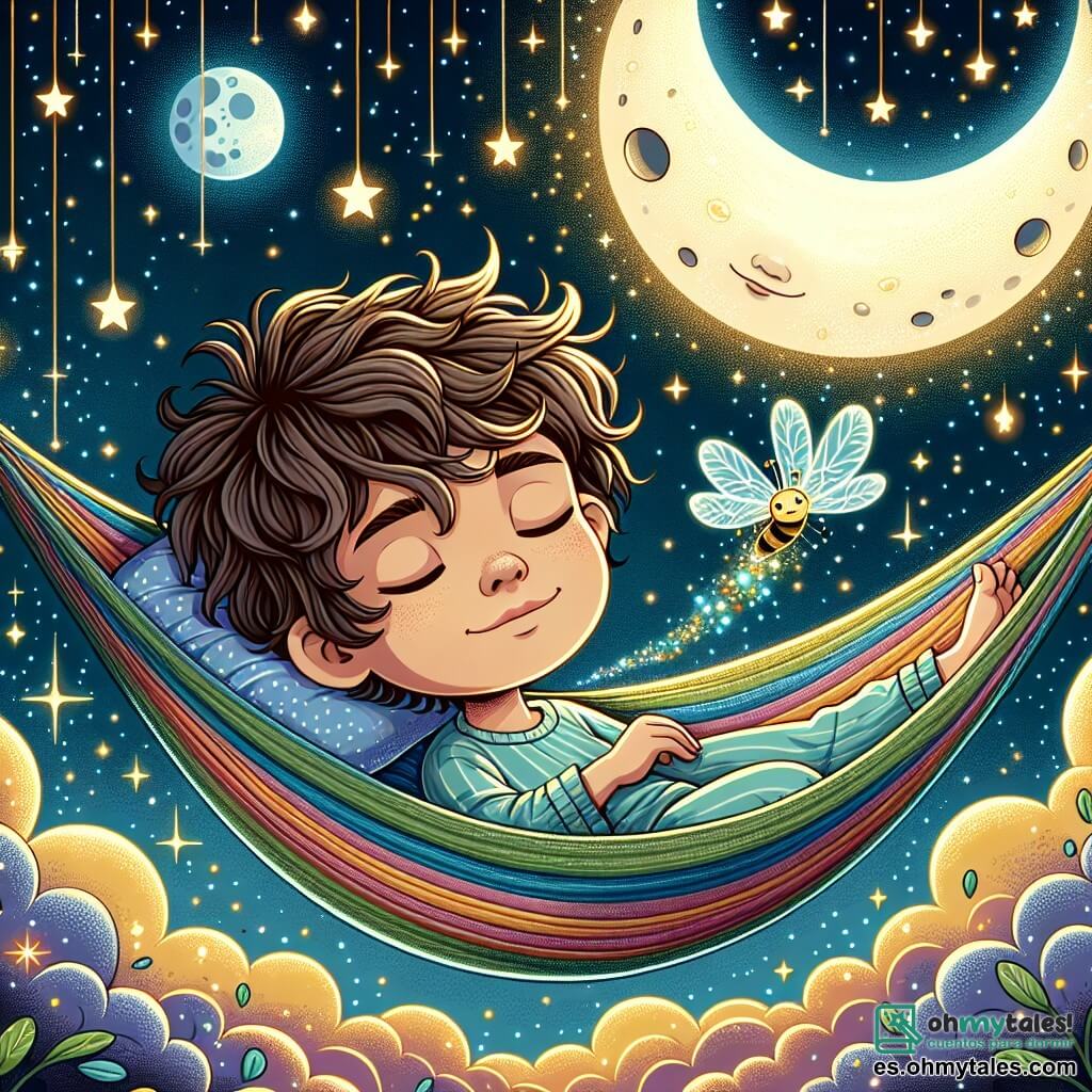 Un niño de 8 años, con cabello castaño y rizado, está tumbado en una hamaca suspendida entre dos rayos de luna plateados. Su rostro expresa una profunda serenidad, con una ligera sonrisa y los ojos cerrados, mientras respira tranquilamente, rodeado de una suave luz dorada. A su lado, una pequeña luciérnaga centelleante, con alas translúcidas, danza alegremente en el aire, emitiendo destellos de luz que iluminan la escena. El decorado es un cielo nocturno estrellado, salpicado de nubes de algodón y planetas coloridos, creando una atmósfera mágica y relajante. La situación principal muestra al niño relajándose en su hamaca, mecido por la brisa suave, mientras granos de polvo de estrellas caen lentamente a su alrededor, simbolizando la paz y el bienestar.