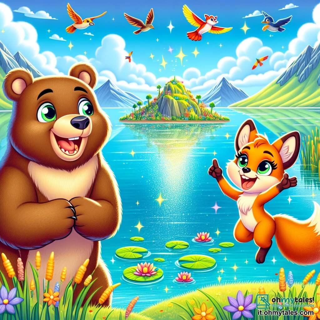 Bruno, un grande orso bruno dagli occhi curiosi, si trova sulla riva del magnifico Lago Titicaca, con un sorriso radioso sul volto. Ammira le acque blu scintillanti che riflettono il cielo soleggiato. Accanto a lui, Lila, una piccola volpe rossa con orecchie appuntite e pelliccia lucente, salta di gioia, i suoi occhi brillano di eccitazione. Punta un dito verso un'isola di canne in lontananza, piena di fiori colorati. Il lago è circondato da maestose montagne verdi, e uccelli colorati volano nel cielo, aggiungendo un tocco di magia alla scena. Gigli d'acqua galleggiano dolcemente sulla superficie, mentre pesci dalle squame scintillanti nuotano gioiosamente sotto. Bruno e Lila celebrano la scoperta di questo luogo magico, pronti a vivere nuove avventure insieme, circondati dalla bellezza naturale del lago e dall'amicizia che li unisce.