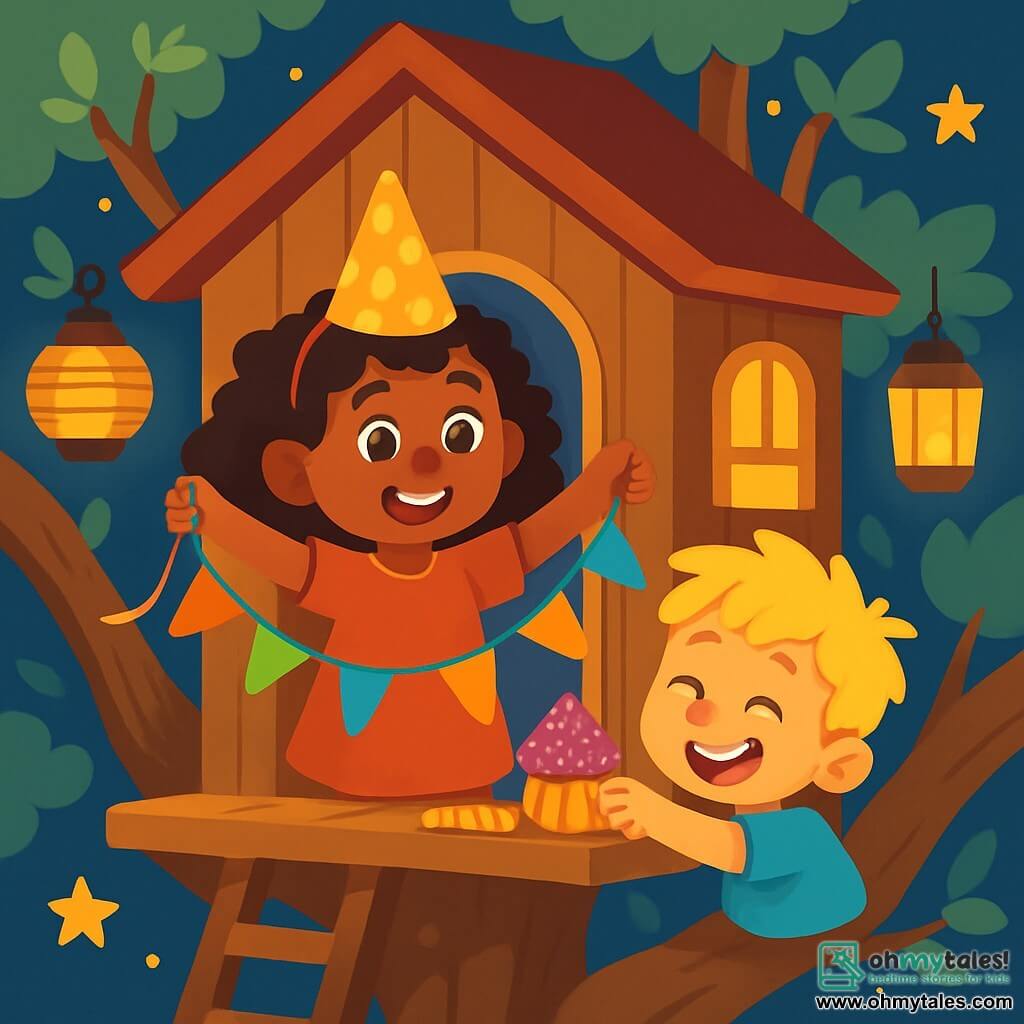 A 6-year-old girl named Mila, with curly hair and a big joyful smile, stands in her beautiful treehouse. She wears a shiny party hat and holds colorful streamers, her eyes sparkling with excitement. Next to her, her 4-year-old brother Max, with messy blonde hair and a cheeky face, is trying to steal a glittery cupcake, laughing heartily. The treehouse is perched in a giant tree, surrounded by leafy branches and lit by twinkling lanterns. Stars shine in the night sky, adding a magical touch to the scene. Mila is preparing for a New Year's party, decorating the treehouse with colorful streamers while trying to keep her brother busy so he doesn't eat all the cakes.