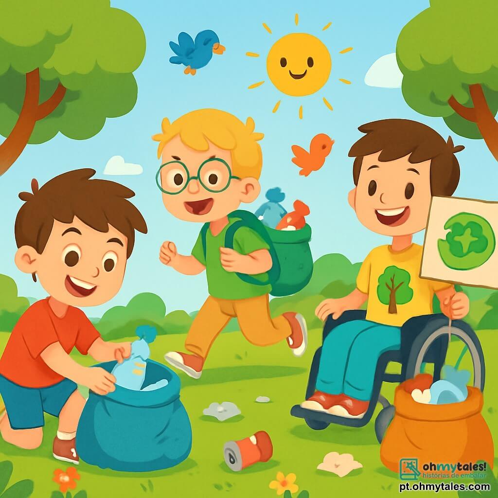 Há 3 personagens: - Pedro: um garoto de 8 anos, com cabelos castanhos bagunçados e um sorriso radiante. Ele usa uma camiseta vermelha e um short azul. Ele está pegando uma garrafa de plástico do chão. - Tiago: um garoto de 7 anos, com cabelos loiros e óculos. Ele está vestido com uma camiseta verde e uma calça bege. Ele corre alegremente com uma mochila cheia de resíduos recicláveis. - Lucas: um garoto de 9 anos, que usa uma cadeira de rodas. Ele tem cabelos castanhos e usa uma camiseta amarela com um desenho de árvore. Ele sorri e segura um painel com uma mensagem sobre a proteção do meio ambiente. O local é um parque verde, cheio de árvores majestosas e flores coloridas. O sol brilha em um céu azul claro, e os pássaros cantam alegremente. O chão está coberto de lixo, mas as crianças trabalham juntas para limpar o lugar. A cena principal mostra os três amigos em ação, recolhendo lixo e separando recicláveis. Eles estão cercados por sacos de lixo coloridos, e a atmosfera é alegre e dinâmica, ilustrando a importância de cuidar do planeta.