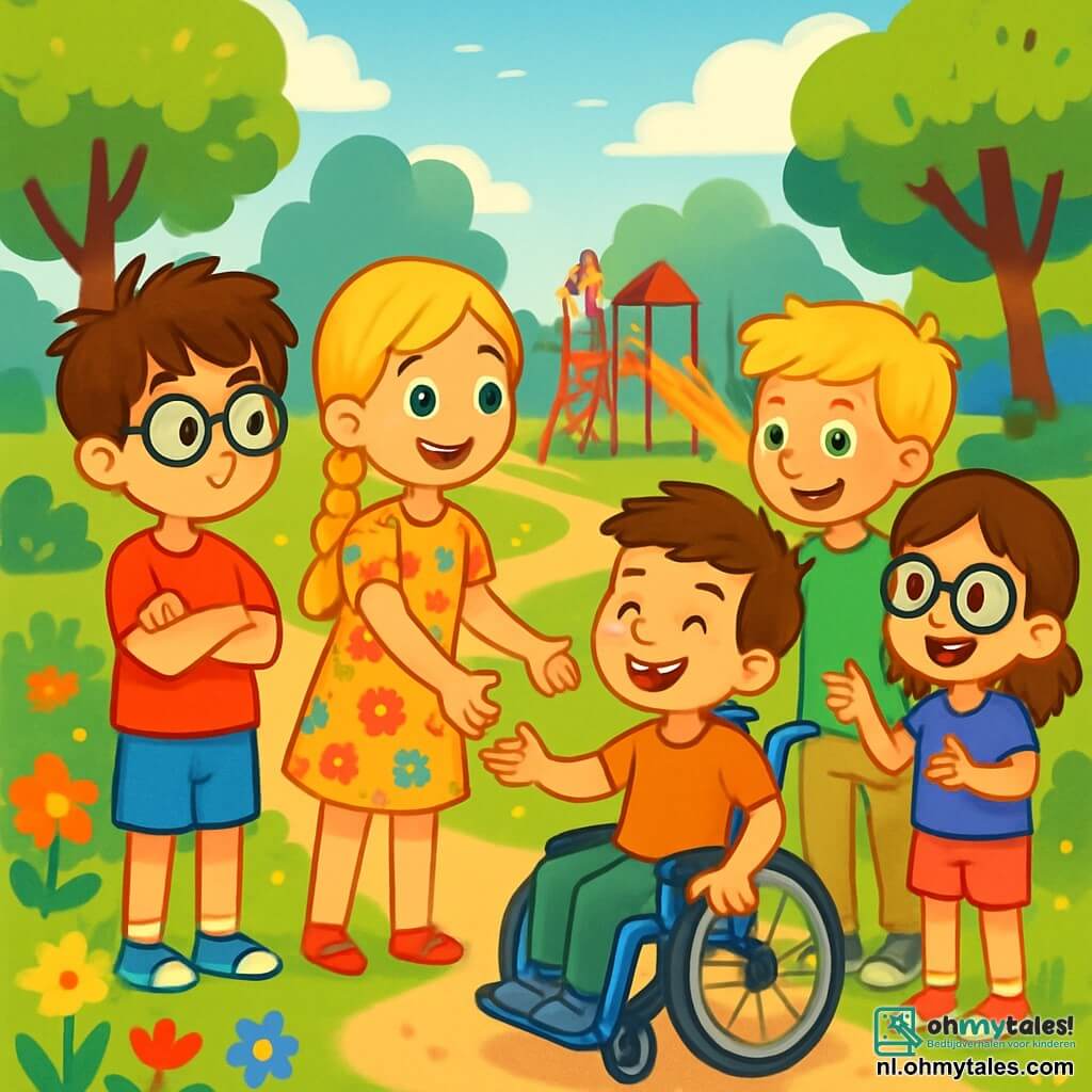 Er zijn 4 kinderen: Sam: een 8-jarig jongen met rommelig bruin haar en een ronde bril. Hij draagt een rode t-shirt en een blauwe short. Hij staat links met zijn armen gekruist en een nieuwsgierige uitdrukking. Noor: een 7-jarig meisje met lange gevlochten blonde haren en een bloemenjurk. Ze staat in het midden, glimlachend, en steekt haar hand uit naar Milan. Finn: een 8-jarig jongen met blond haar en sproeten. Hij draagt een groene t-shirt en beige broek. Hij staat rechts en maakt een vriendelijke gebaar naar Milan. Lotte: een 7-jarig meisje met kastanjebruin haar en een bril. Ze draagt een paarse t-shirt en een roze short. Ze staat iets verder naar achteren en kijkt enthousiast naar Milan. De locatie is een mooi zonnig park met groene bomen, kleurrijke bloemen en een groot speelveld. Er is een grindpad dat door het park slingert en in de verte spelen kinderen. De belangrijkste situatie toont de vier vrienden die Milan, de nieuwe jongen in een rolstoel, verwelkomen. Milan glimlacht vrolijk terwijl Noor haar hand uitsteekt om hem uit te nodigen om te spelen. De andere kinderen kijken met opwinding en nieuwsgierigheid, klaar om te ontdekken hoe ze allemaal samen kunnen spelen.