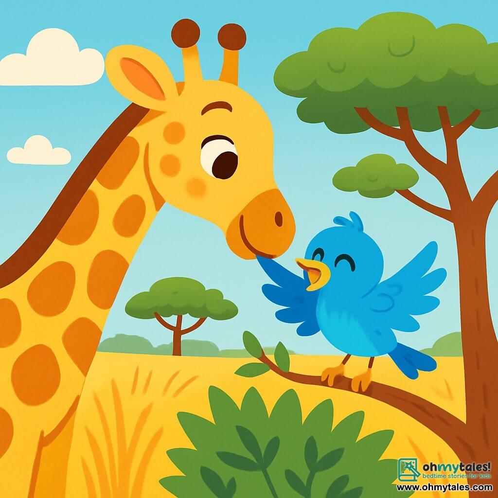 A giraffe named Gemma, with an elegant long neck and shiny golden spots, gently leans towards a small bird named Benny, who has bright blue feathers and a cheerful expression. Gemma shows a gentle and kind demeanor, her large round eyes reflecting kindness. Benny, perched on a low branch of a tree, flaps his wings excitedly, ready to take flight. The scene takes place in a sunny savannah, dotted with tall golden grasses and lush green acacia leaves, under a light blue sky with fluffy white clouds. Gemma helps Benny free himself from a thorny bush by delicately nibbling the thorns to free his wing. The two friends are surrounded by a joyful and friendly atmosphere, illustrating the importance of helping each other and friendship.