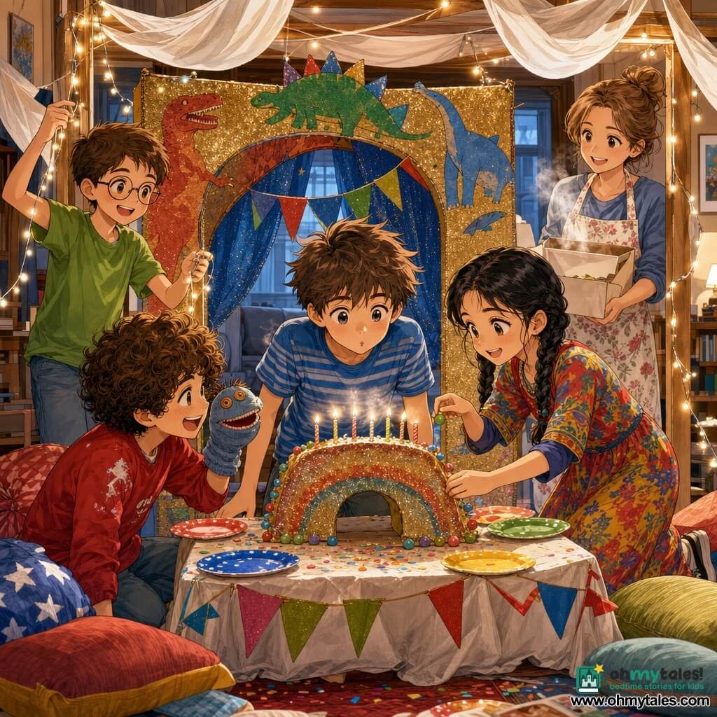 Five characters: Eli (10) with messy brown hair and wide dreamy eyes in a blue striped T‑shirt stands center in front of a glittered cardboard arch blowing out a candle on a cake on a small coffee table; Sam (10) with short chestnut hair, round glasses and a green shirt to Eli’s left hangs silver string lights on the doorframe; Noor (10) with black braided hair and a patterned colorful dress to Eli’s right holds multicolored paper flags and decorates the cake delicately; Mateo (10) with curly hair and a red sweatshirt stained with frosting crouches by the table, manipulating a sock puppet with button eyes and laughing at Eli; their mother stands slightly back to the right with light brown hair in a bun, wearing a floral apron and holding an open cake box that releases a sweet steam, smiling proudly. The living room is transformed into a small stage: a folded sofa as backstage, a glittered arch painted with dinosaurs, white sheets and tablecloths hung like a sky, warm LED garlands, colorful cushions piled on the floor, a low table with paper plates and confetti. The scene captures the party moment of Eli blowing out the candles, warm garland light, suspended confetti, joyful, intimate atmosphere with vivid colors and visible textures (shiny frosting, glittered cardboard, crumpled fabric).