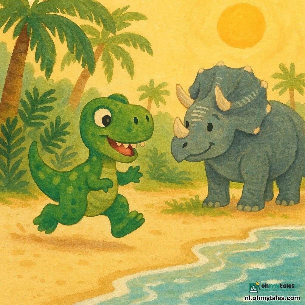 Een jonge T-Rex genaamd Timo, blij en verwonderd met grote ronde ogen, groene vlekkenhuid en niet-bedreigende afgeronde tanden, springend over het crèmezand met opgetilde voorpoten en zwiepende staart, naast hem een oude Triceratops Gaya, wijs en vriendelijk met korte hoorns, kleine witte streepjes op het voorhoofd en grijs-blauwe huid, rustig staand bij de rand tussen gras en een dicht bosje varens en lage palmen met donkere bladeren en mosachtige stammen, voor hen een zacht strand met doorschijnende golven en zilveren glans onder een warm gouden zonlicht, scène vol verwondering en geborgenheid in pastelkleuren met zichtbare gouachetexturen en eenvoudige afgeronde lijnen, kindvriendelijk.