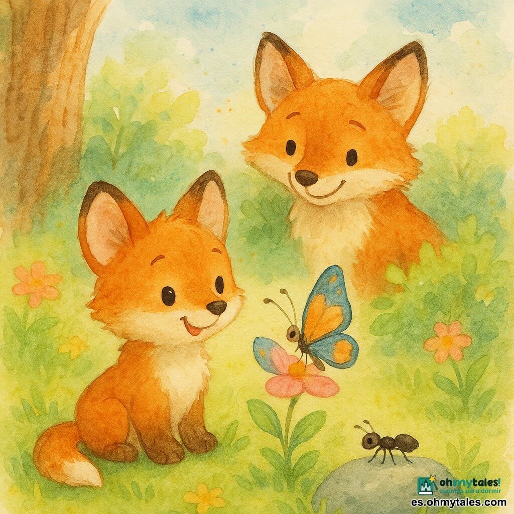 Pequeño zorro rojizo de pelaje suave, orejas grandes y ojos brillantes sentado en la hierba mirando maravillado una mariposa azul y naranja posada en una flor rosa, mientras su madre de pelaje más oscuro lo observa sonriendo desde un arbusto, y una diminuta hormiga negra camina sobre una piedra gris en primer plano; todo en un jardín primaveral con flores rosas y amarillas, un árbol a la izquierda y cielo azul con nubes, capturando un momento tranquilo de descubrimiento.