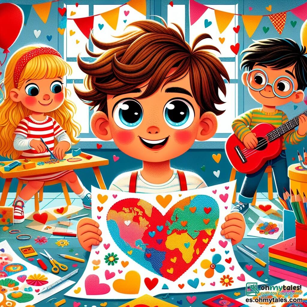 Un niño de 4 años llamado Nico, con cabello castaño desordenado y ojos brillantes de alegría, está en el centro de la escena, sonriendo mientras sostiene una gran tarjeta colorida decorada con corazones y dibujos. A su derecha, Ana, una niña de 4 años con trenzas rubias, recorta papeles de colores para crear una tarjeta, concentrada y entusiasta. A su izquierda, Pedro, un niño de 4 años con gafas y cabello negro, ensambla flores de papel, sosteniéndolas con orgullo en sus pequeñas manos. Más lejos, Luis, un niño de 4 años con cabello rojo, toca una guitarra de plástico, sonriendo ampliamente, listo para cantar. La escena tiene lugar en un aula luminosa, llena de decoraciones coloridas: globos flotan en el techo, guirnaldas de papel cuelgan de las paredes y una gran mesa está cubierta de materiales de arte. La situación principal muestra a Nico y sus amigos preparando una sorpresa alegre para el Día de la Madre, creando una atmósfera festiva y cálida.