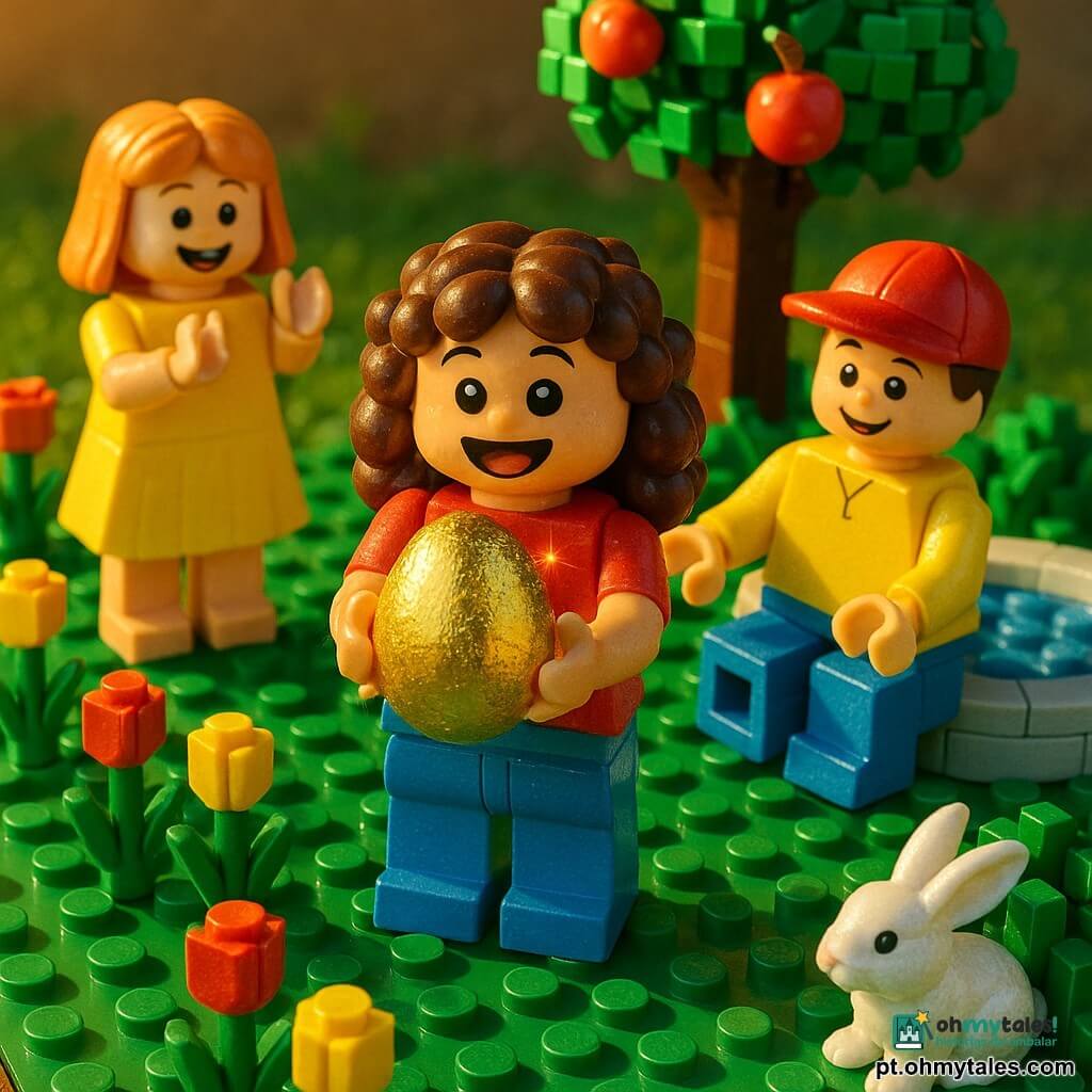 Menina de 6 anos, feliz e maravilhada, cabelos castanhos encaracolados, olhos grandes e brilhantes, segurando um ovo de chocolate dourado; um menino de ~6 anos (Lucas), sorrindo, com um pequeno chapéu vermelho, ajoelhado junto a uma fonte de tijolos observando o ovo; uma menina de ~6 anos (Sofia), alegre, vestido amarelo vivo, em pé perto de macieira de tijolos aplaudindo; um coelhinho branco de plástico escondido atrás de um arbusto; jardim primaveril de tijolos com relva verde, tulipas vermelhas e amarelas, macieira com frutos redondos e fonte redonda azul e branca; luz quente do fim da tarde, sombras longas, reflexo no ovo dourado; composição centrada na menina com o ovo, amigos em arco à sua volta e coelho escondido, perspectiva ligeiramente em mergulho, estilo diorama nítido e muito colorido.