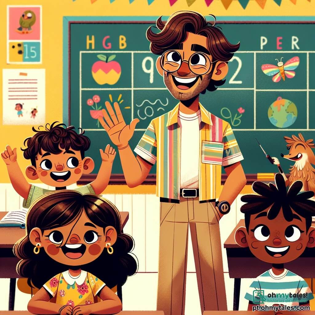 O personagem principal é um homem, o professor Miguel, na casa dos trinta anos, com cabelos castanhos e óculos redondos. Ele usa uma camisa colorida e calças bege, e seu rosto irradia alegria e entusiasmo enquanto sorri para seus alunos. Ele está de pé em frente a um quadro negro, segurando um livro aberto em uma mão, pronto para compartilhar histórias. Sofia, uma menina de 8 anos com cabelos longos e cacheados, está sentada na primeira fila, levantando a mão com empolgação para fazer uma pergunta. Ela usa um vestido florido e tem um grande sorriso no rosto. Lucas, um menino de 9 anos com cabelos curtos e bagunçados, está de pé ao lado de Sofia, rindo e fazendo gestos cômicos, vestido com uma camiseta listrada e um short. A cena se passa em uma sala de aula iluminada, com paredes pintadas de amarelo e cartazes coloridos pendurados, representando animais e números. Mesas de madeira estão dispostas em fileiras, e livros estão espalhados sobre as mesas. A situação principal mostra o professor Miguel incentivando seus alunos a compartilhar ideias para um projeto de livro da classe, criando uma atmosfera de empolgação e criatividade, onde cada criança se sente livre para expressar seus pensamentos e sonhos.