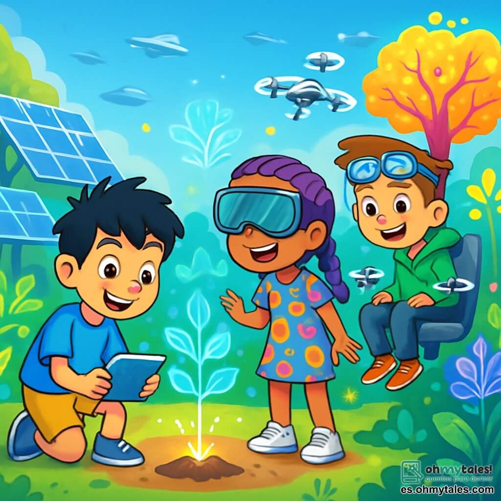 Hay 3 personajes: - Iker: un niño de 10 años, con cabello negro despeinado y ojos brillantes de curiosidad. Lleva una camiseta azul brillante y un short amarillo, y sostiene una pequeña tableta luminosa en sus manos. - Violeta: una niña de 10 años, con trenzas violetas y gafas de realidad aumentada en la nariz. Lleva un vestido de colores y zapatillas blancas. Mira con asombro un árbol mecánico que brilla a su lado. - Leo: un niño de 10 años, con cabello castaño y gafas de protección en la frente. Está sentado en su silla voladora, rodeado de pequeños drones que flotan a su alrededor. Lleva una sudadera verde y pantalones negros. Los tres amigos están en el centro de un parque futurista, lleno de paneles solares brillantes y plantas luminiscentes. Árboles mecánicos de colores vibrantes se levantan a su alrededor, y hologramas de flores bailan en el aire. El cielo es de un azul brillante, salpicado de vehículos flotantes que cruzan el horizonte. La escena principal muestra a los niños plantando una pequeña semilla luminosa en el suelo, rodeados de un jardín vibrante de colores y tecnologías. Sonríen, sus rostros iluminados por la emoción de su nueva aventura, mientras un holograma de un árbol mágico se eleva detrás de ellos, listo para revelar sus secretos.
