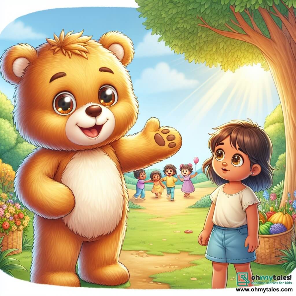 An illustration depicts a young teddy bear with soft golden fur, bright eyes, and a warm smile. It stands with open arms, expressing joy and enthusiasm, inviting a little girl to join. The girl, with messy brown hair, wears a simple worn dress and shows both shyness and hope as she gazes at the bear with sparkling eyes, standing slightly back, hesitant yet curious. The setting is a green park filled with colorful flowers and majestic trees, with a group of children playing in the distance, creating a joyful atmosphere. The main scene shows the bear encouraging the girl to play, symbolizing friendship and solidarity against loneliness and poverty. Additional elements include floating balloons, baskets of fruits and vegetables, and sunlight filtering through the trees, adding warmth and light to the scene.