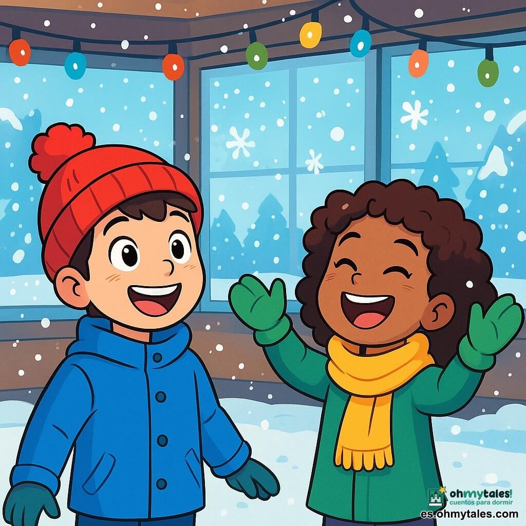 Un niño pequeño sonriente, vestido con un abrigo azul brillante y un gorro rojo con un pompón, se encuentra en el centro de la escena, maravillado por los copos de nieve que caen suavemente a su alrededor. Sus mejillas sonrosadas de alegría y sus ojos brillan de emoción. Junto a él, una niña de cabello rizado, con una bufanda amarilla y guantes verdes, ríe levantando los brazos para atrapar los copos, su rostro radiante de felicidad. Al fondo, una sala polivalente luminosa, con guirnaldas de colores colgadas del techo y ventanas empañadas, deja entrever un paisaje invernal mágico, donde la nieve cubre el suelo y los árboles. La escena principal muestra a los dos niños jugando juntos, rodeados de risas y alegría, mientras descubren la belleza del invierno a través de los copos de nieve que bailan en el aire.