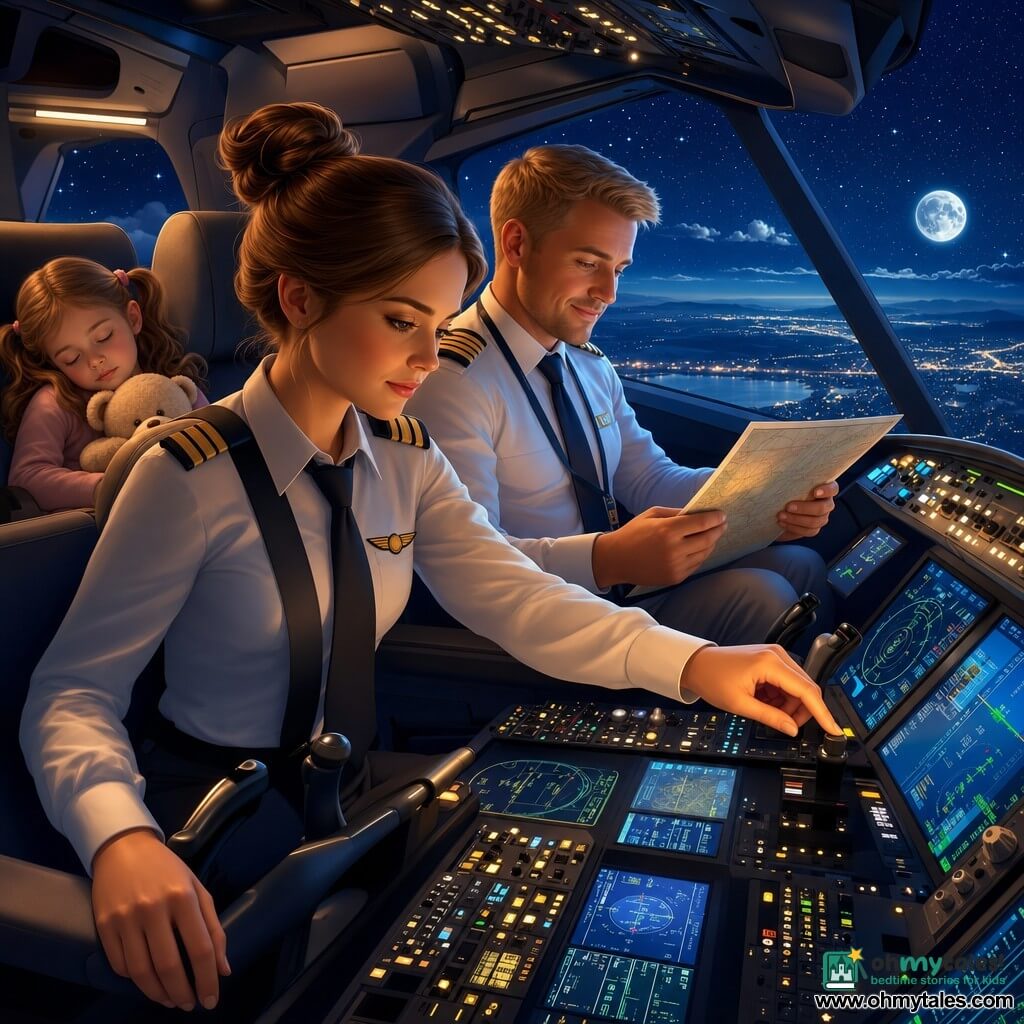 The protagonist is a female pilot with smooth brown hair in a bun, focused and serene with a determined look, gently touching a cockpit lever while checking instruments; an adult male co-pilot with short blond hair sits to her right, calm and smiling, holding a flight chart lit by the console; a sleeping girl of about six with pigtails and a beige comforter is visible behind the seats with a star-filled window at her level. The cockpit is detailed with multicolored indicator panels, blue and green touchscreens, chrome buttons and matte controls, soft glass reflections. Outside is a deep indigo night sky dotted with stars, a silver moon on the horizon, wispy silver clouds and a below cityscape of scattered lights. The mood is peaceful and professional with warm cabin light contrasting the cold blue night, conveying focus and safety. Graphic style: soft shapes, clean gradients, smooth textures; color palette: midnight blue, teal, silver, warm yellow for lights.