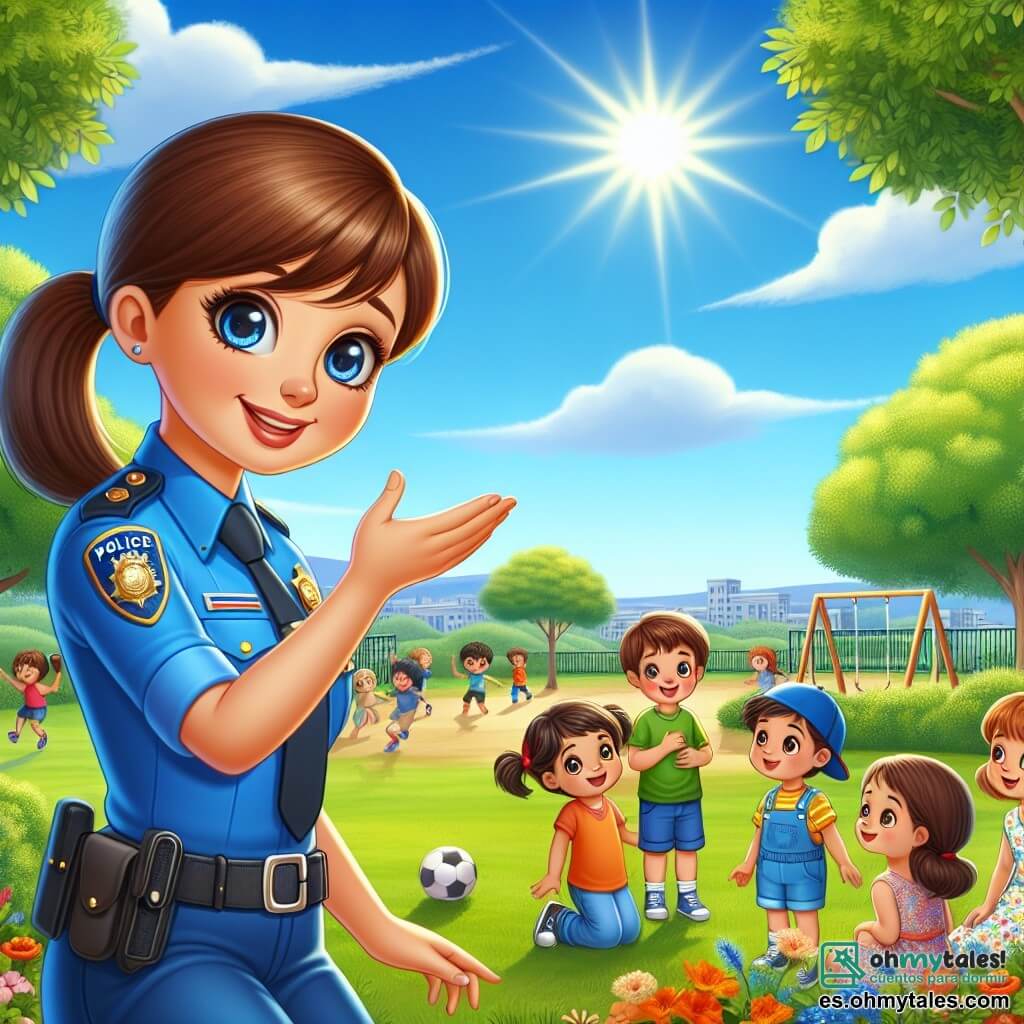 La escena muestra a la policía Clara, una mujer de unos treinta años, con un uniforme azul brillante y una sonrisa cálida. Su cabello castaño está atado en una coleta, y tiene ojos brillantes de bondad. Clara está agachada, extendiendo la mano hacia un pequeño grupo de niños que la escuchan atentamente, su expresión es de empatía y entusiasmo. Entre los niños está Pablo, un chico de unos 10 años, con cabello castaño y gafas redondas, que mira a Clara con admiración, con las manos en las caderas, listo para hacer una pregunta. A su lado, una niña llamada Sofía, de 8 años, con dos coletas y un vestido colorido, levanta la mano para participar en la conversación, su rostro irradia curiosidad. La escena se desarrolla en un parque soleado, lleno de árboles verdes y flores brillantes. Niños juegan al fútbol al fondo, mientras otros se divierten en columpios. El cielo es de un azul brillante, salpicado de algunas nubes blancas esponjosas. Clara está conversando con los niños, contándoles una historia cautivadora sobre la importancia del respeto y la ayuda mutua en la comunidad, animándolos a participar en actividades positivas.