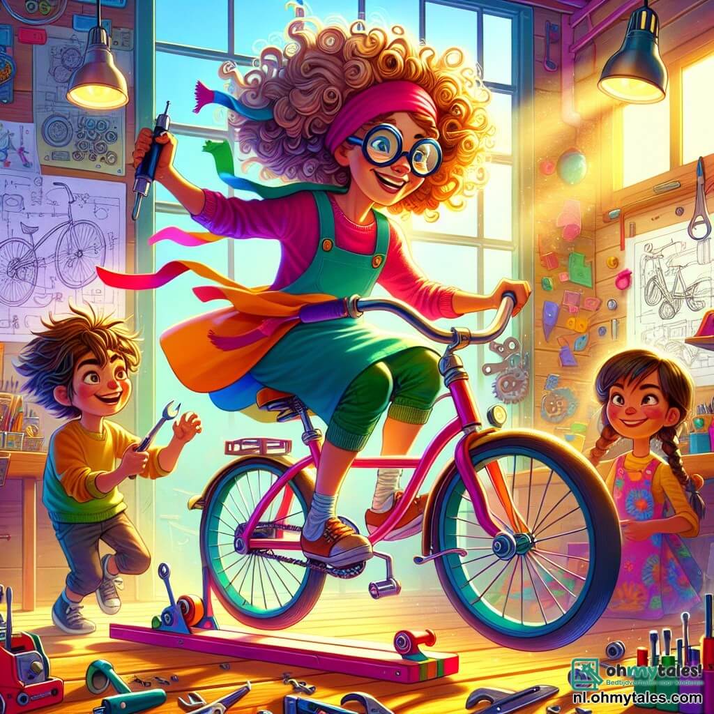 Een glimlachende vrouw, Mevrouw Inge, staat in het midden van de afbeelding, met krullend haar en ronde bril. Ze draagt een kleurrijke werkblouse en is bezig met het monteren van een vliegende fiets, haar gezicht straalt van opwinding en vastberadenheid. Naast haar houdt een 8-jarig jongetje, Tim, met rommelig bruin haar een schroevendraaier vast en kijkt verwonderd, terwijl zijn beste vriendin, Lisa, een 7-jarig meisje met vlechten, de fiets versiert met kleurrijke linten. De scène speelt zich af in een lichte werkplaats, vol met gereedschap, uitvindingstekeningen aan de muren en mechanische onderdelen verspreid over houten tafels. Zonnestralen filteren door de ramen en verlichten de ruimte met levendige kleuren. Mevrouw Inge, Tim en Lisa zijn in volle actie, omringd door een vrolijke en creatieve sfeer, terwijl de fiets langzaam de lucht in begint te stijgen, wat het geest van uitvinding en avontuur symboliseert.