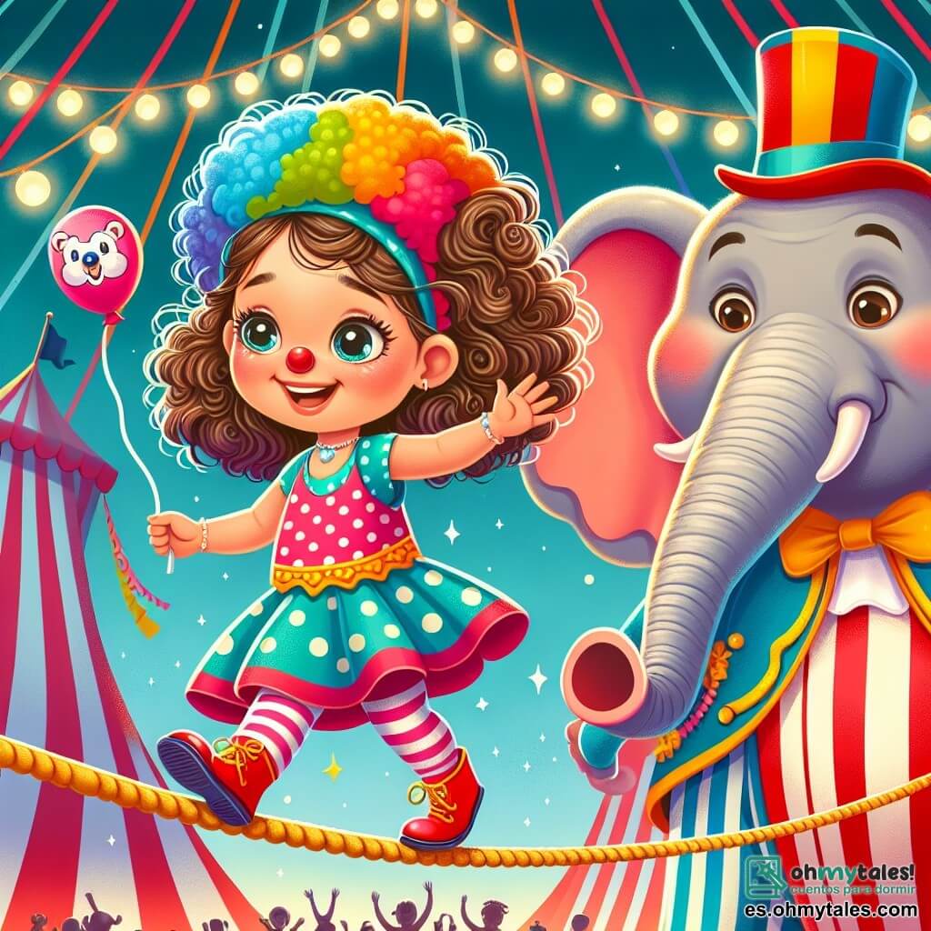 Una niña de 2 años, con grandes ojos brillantes y cabello rizado, lleva un vestido colorido con lunares y una gran sonrisa en su rostro, caminando con confianza sobre una cuerda floja, con los brazos extendidos para mantener el equilibrio. A su lado, un payaso alegre, de unos 30 años, con una gran peluca multicolor y una nariz roja, aplaude y anima a Ana con una sonrisa brillante, sosteniendo un globo en forma de animal en su mano. Un majestuoso elefante, con grandes orejas y piel gris, se encuentra en el fondo, levantando su trompa en el aire, como si saludara a Ana con amabilidad. El escenario es un circo vibrante, lleno de colores vivos: carpas a rayas rojas y blancas, luces centelleantes y un público maravillado que observa la escena con rostros alegres. La situación principal muestra a Ana, la niña, caminando con valentía sobre la cuerda, rodeada de risas y aplausos, mientras el payaso y el elefante la animan, creando una atmósfera mágica y festiva.