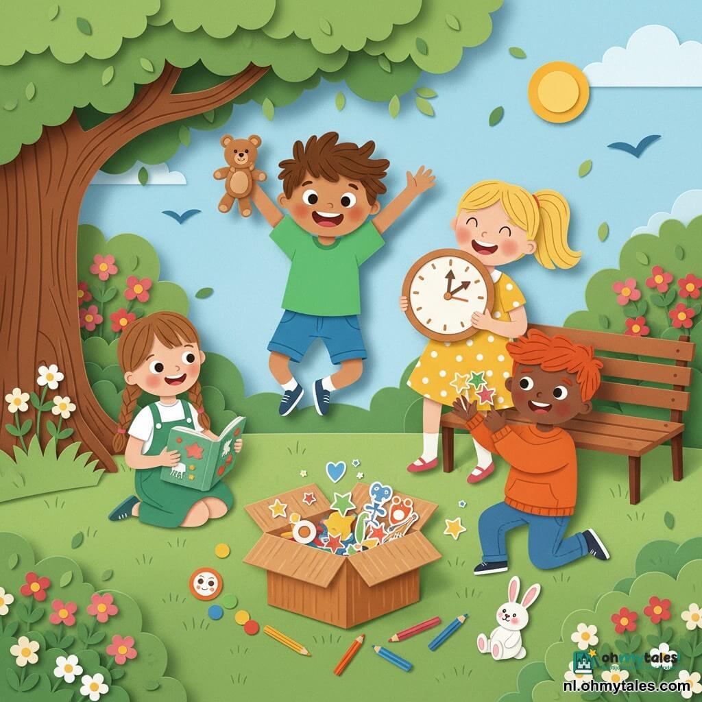 Een vrolijke, verwonderde jongen van ongeveer 8 jaar met warrig bruin haar, felgroen T‑shirt en blauwe short springt omhoog met een kleine knuffel; Sara, ongeveer 8 jaar, blond in staart, draagt een gele jurk met stippen en houdt een grote kartonnen klok vast terwijl ze lacht; Joris, ongeveer 8 jaar, rossig haar en een oranje sweater, knielt bij een bank en toont trots glinsterstickers; Lotte, ongeveer 8 jaar, kastanjebruin gevlochten haar, draagt een groene tuinbroek en zit op het gras met een open kleurboek; lentig park met groen papierachtig gras, roze en witte bloemen, een grote boom met uitgestanste bladeren, zachtblauwe lucht en een geel uitgesneden zonnetje, enkele gestileerde vogels; op de grond een open kartonnen doos met kleurrijke schatten (stickers, knikkers, kleurpotloden, knuffel) verspreid; hoofdtaferelen: een vrolijke schattenjacht onder de boom, kinderen die zich verzamelen en de vondst vieren in gelaagde papierknipstijl met felle kleuren en scherpe contouren.