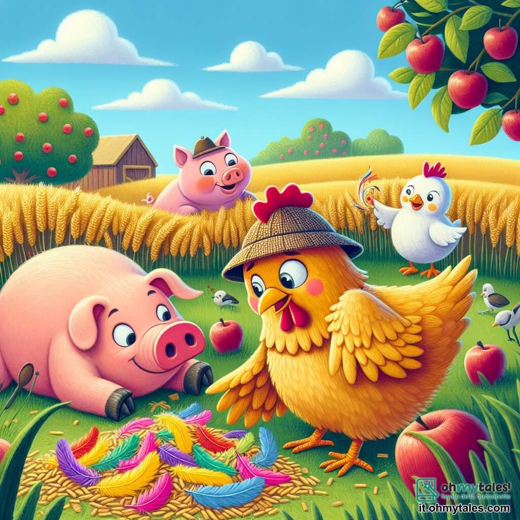 Matilde, una gallina dal piumaggio dorato e lucente, con un piccolo cappello da detective di tessuto, mostra un'espressione di curiosità ed eccitazione mentre esamina un mucchio di piume colorate al centro di un campo di grano verde. Nelle vicinanze, Ferdinando, un grosso maiale rosa con un sorriso malizioso, è sdraiato sull'erba, mentre sgranocchia delle mele, osservando Matilde con divertimento. Poco più in là, Anacleto, un'anatra bianca con un becco arancione brillante, nuota felicemente in un piccolo stagno, schizzando acqua verso Matilde. Il paesaggio è una campagna soleggiata, con alberi da frutto in fiore e un cielo blu punteggiato di nuvole bianche e soffici. La scena rappresenta Matilde in piena indagine, circondata dai suoi amici animali, mentre cerca di scoprire a chi appartengono le piume misteriose.