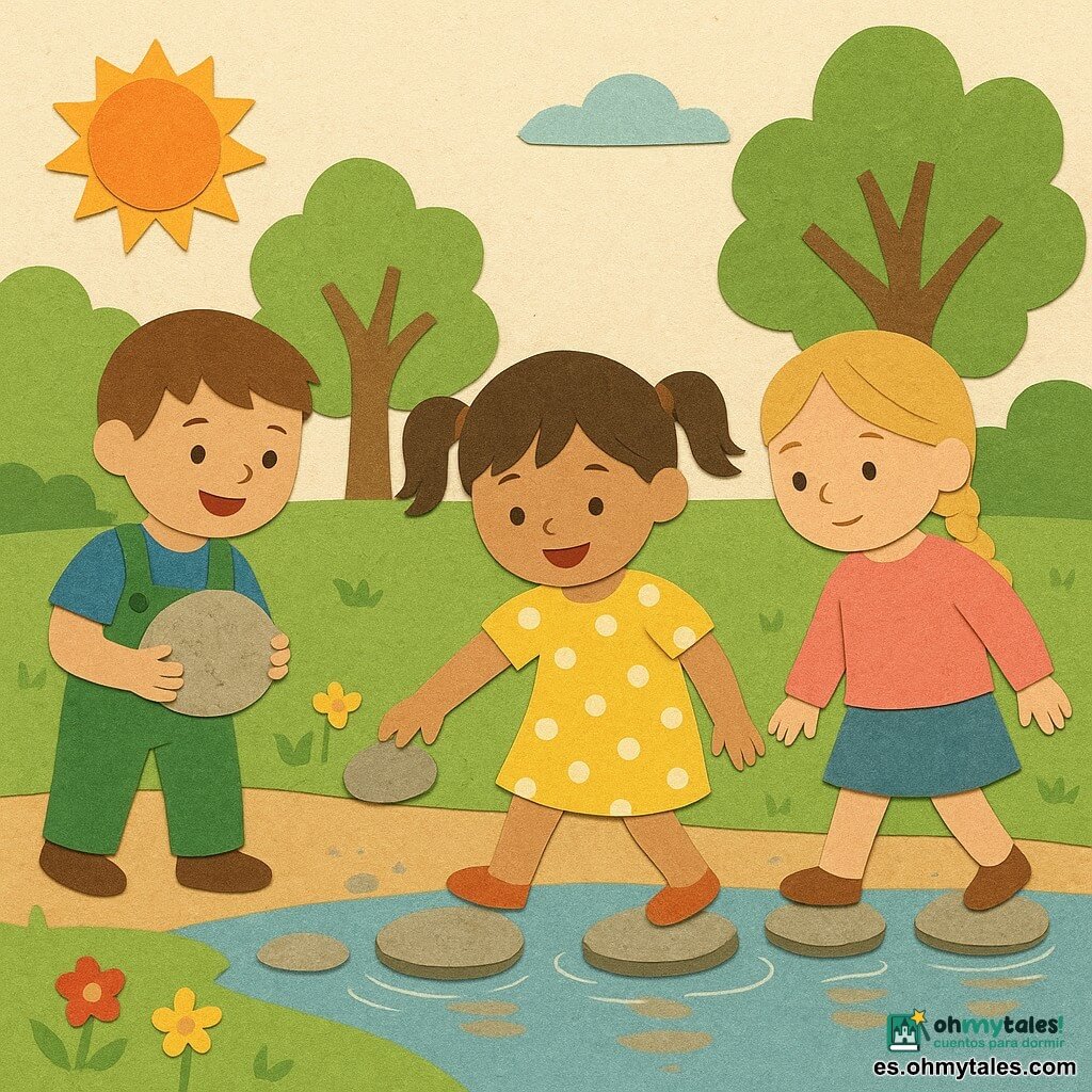 Hay tres niños: Lucía, niña de unos 3 años, pelo castaño en coletas, vestido amarillo con lunares blancos, sonriente, en el centro colocando una piedra en el agua; Mateo, niño de unos 3 años, pelo castaño corto, camiseta azul y peto verde, riendo a la izquierda con una piedra grande lista para poner; y Sofía, niña de unos 3 años, pelo rubio en trenza, jersey rosa y falda vaquera, contemplativa a la derecha mirando sus pies sobre una piedra ya puesta. Están cruzando un gran charco brillante con piedras planas dispuestas en fila, en un camino de parque con césped y flores amarillas y rojas, árboles de hojas recortadas, un banco de madera estilizado y un cielo azul pálido con sol naranja en collage; la escena es alegre y colaborativa, con gotas brillantes alrededor de las piedras, sombras suaves y texturas de papel rasgado visibles.