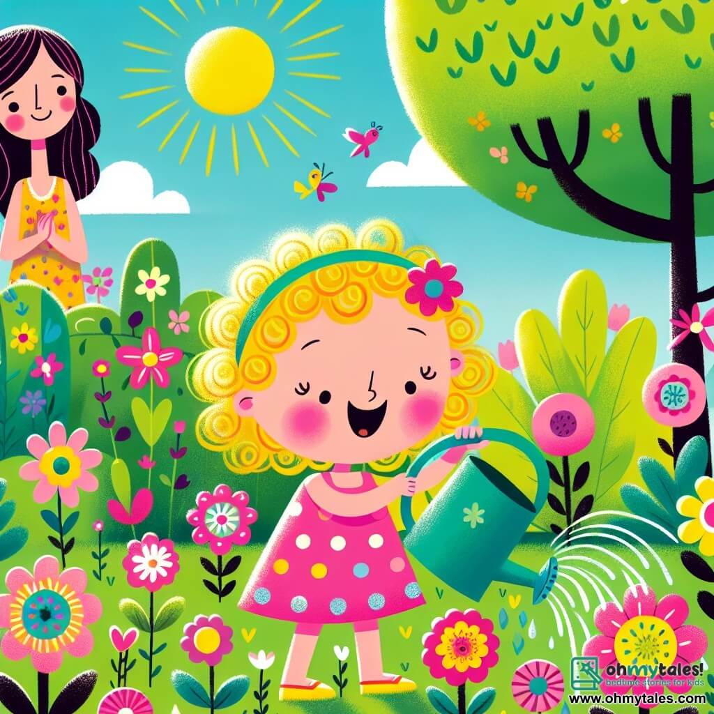 A 2-year-old girl with curly blonde hair and a bright smile is watering colorful flowers in a sunny garden. She wears a pink polka dot dress and yellow sandals, and her face shows great joy and wonder. Nearby, her mother, a woman around 30 with long brown hair, watches with a proud smile, holding a watering can. She stands next to a large tree with vibrant green leaves, adding freshness to the scene. The garden is filled with brightly colored flowers: pink, yellow, and purple, surrounded by lush greenery. The sky is blue with a few fluffy white clouds, and birds are joyfully singing in the branches. The little girl happily exclaims "Drink, drink!" as the flowers seem to lean towards her, as if thanking her.