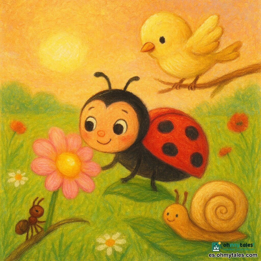 Una pequeña mariquita roja con puntos negros, ojos brillantes y sonrisa dulce sobre una hoja mirando una gran gota de rocío, rodeada por un caracol marrón de concha crema, un pajarito amarillo pálido en una ramita arriba y una diminuta hormiga marrón sosteniendo una brizna como puente; pradera verde con margaritas y amapolas, al centro una gran flor rosa pálido (Flor de la Aurora) con un corazón dorado que acoge una gota luminosa, escena de amistad y ayuda al atardecer con colores cálidos y textura de pasteles grasos.